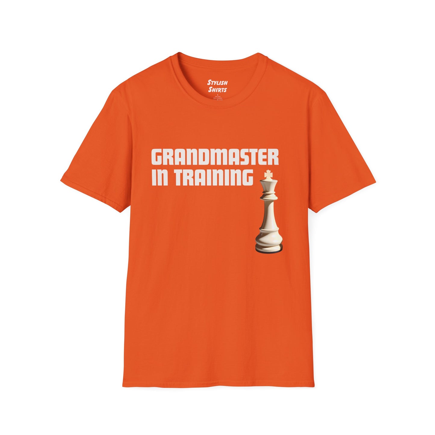a orange shirt that says Grandmaster in Training with a King chess piece