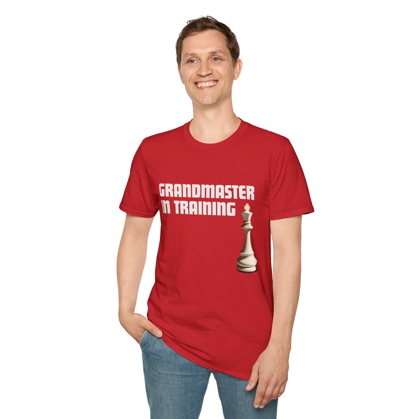 a man wearing a red shirt that says Grandmaster in Training with a King chess piece