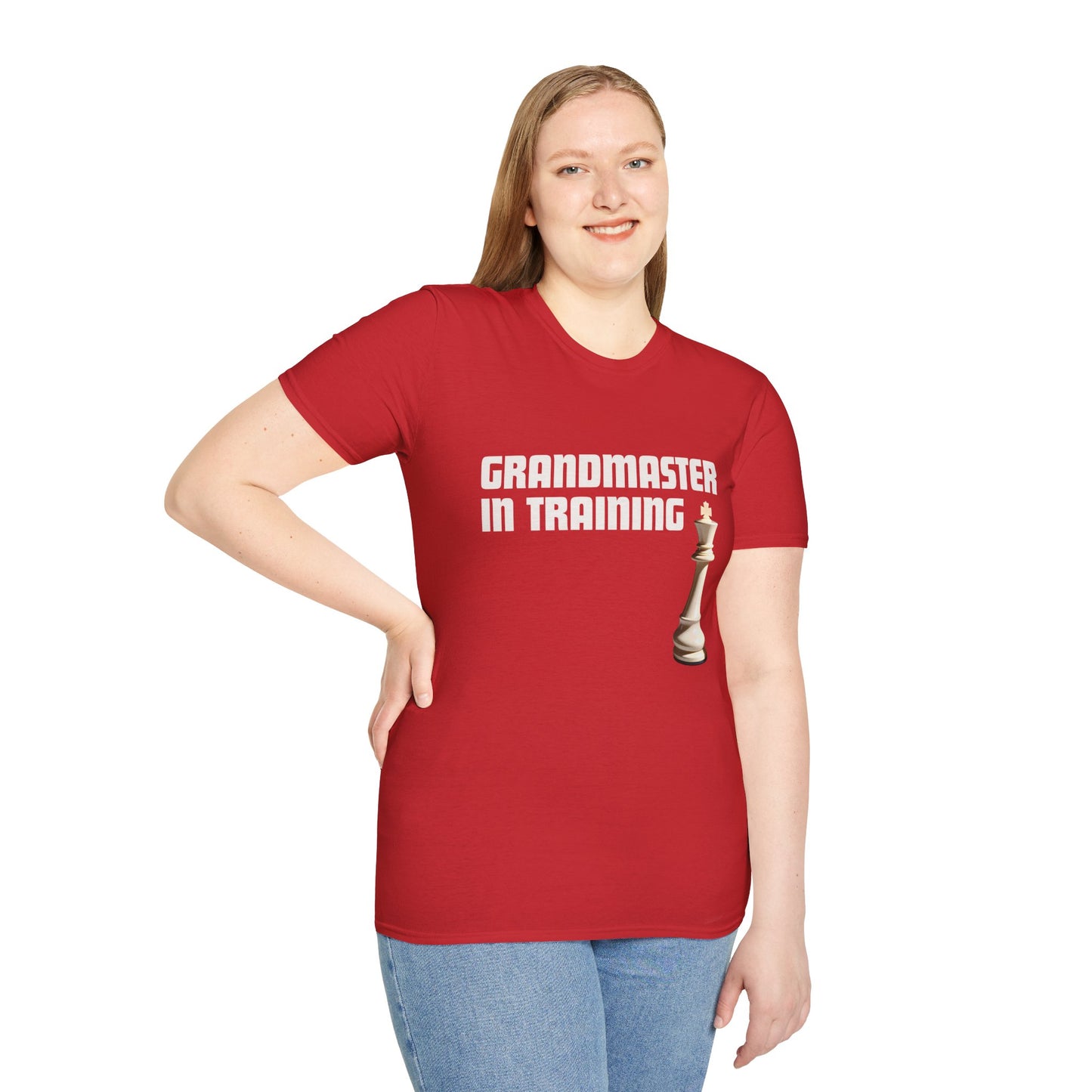 a woman wearing a red shirt that says Grandmaster in Training with a King chess piece