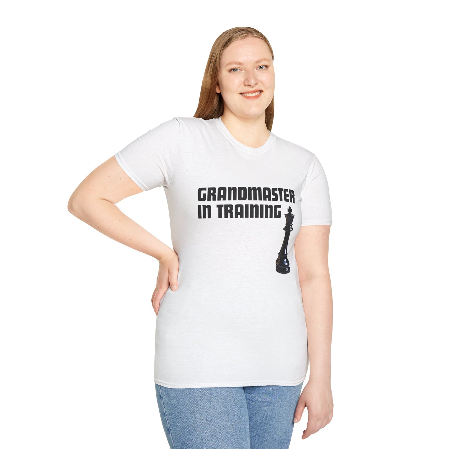 a woman wearing a white shirt that says Grandmaster in Training with a King chess piece