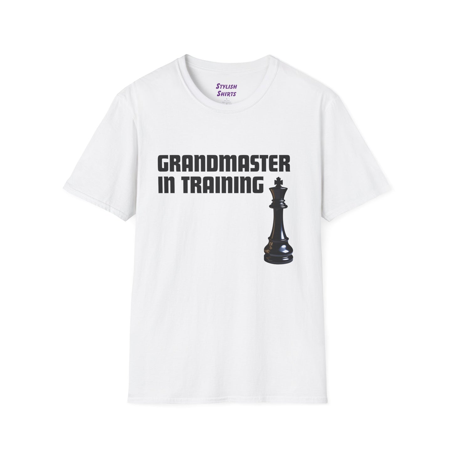 a white shirt that says Grandmaster in Training with a King chess piece