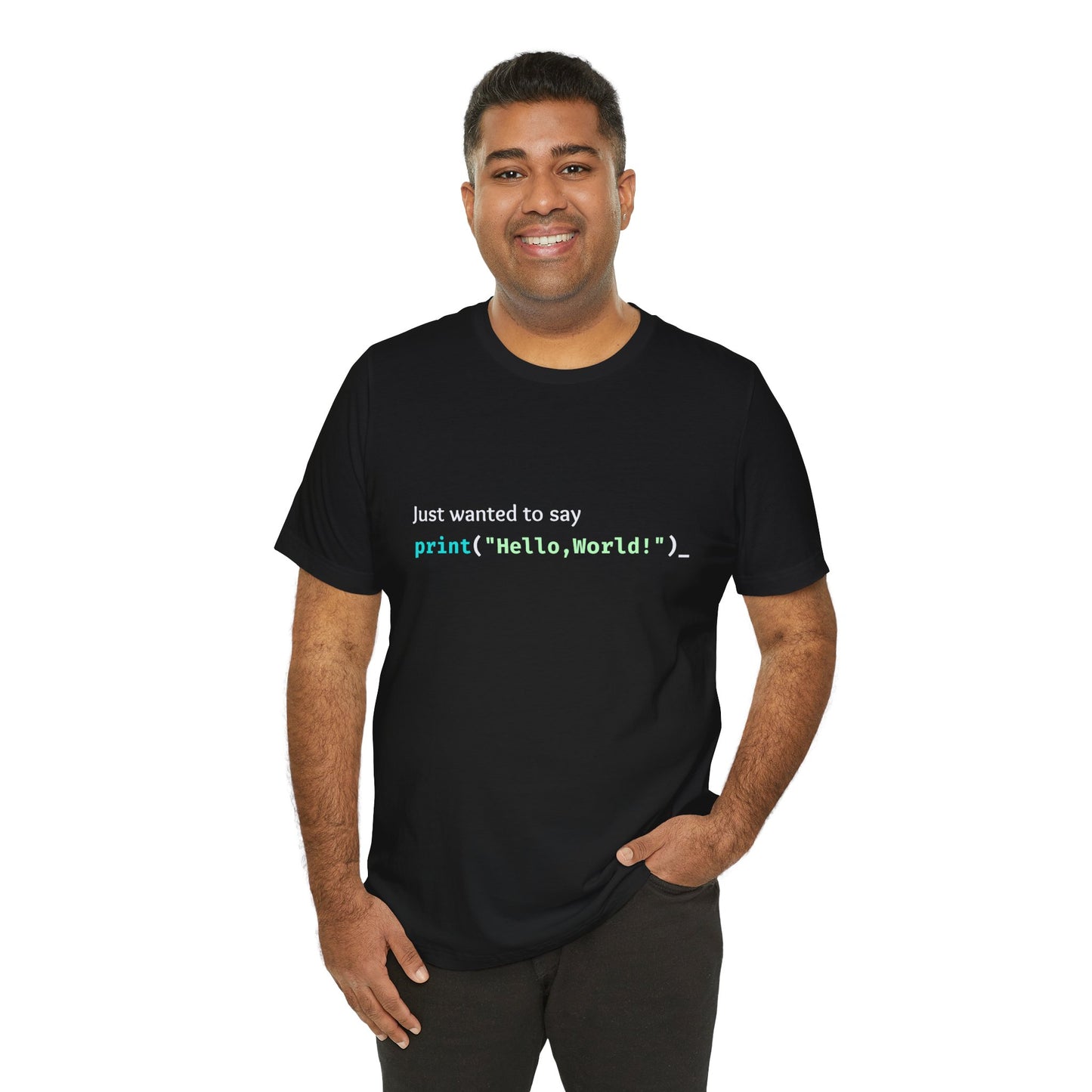 a man wearing a black shirt that says just wanted to say with hello world written in programming language