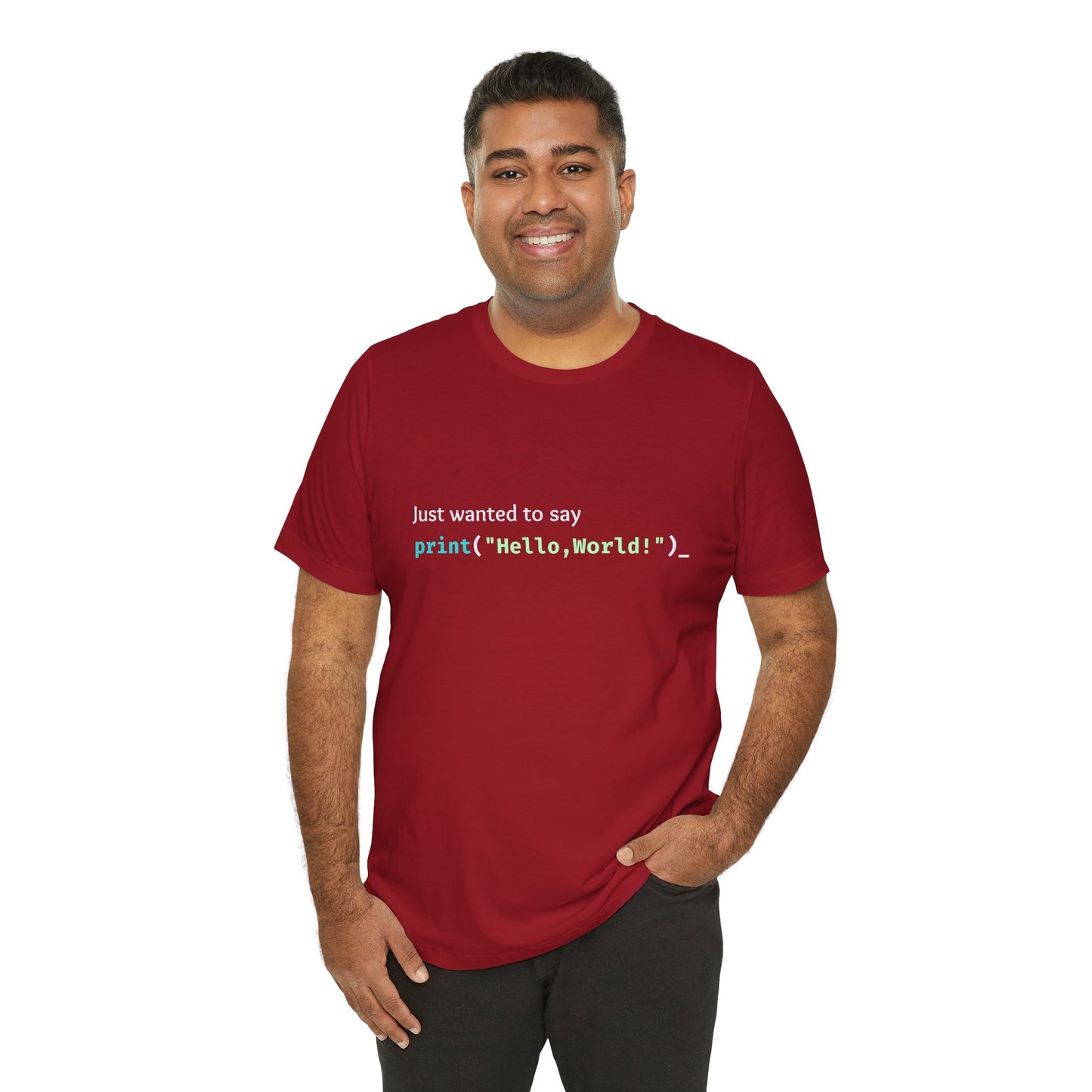 a man wearing a canvas red shirt that says just wanted to say with hello world written in programming language