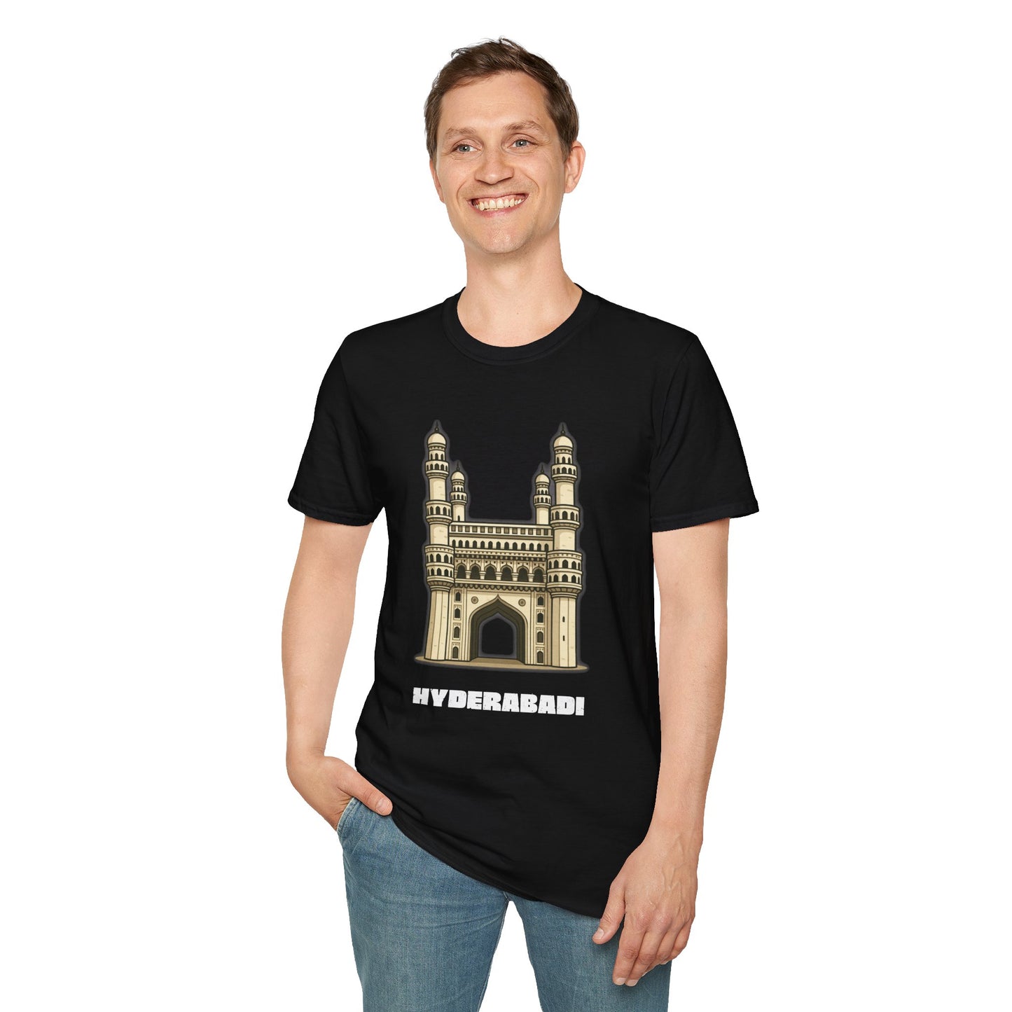 man wearing a black shirt that says Hyderabadi with a graphic of Charminar
