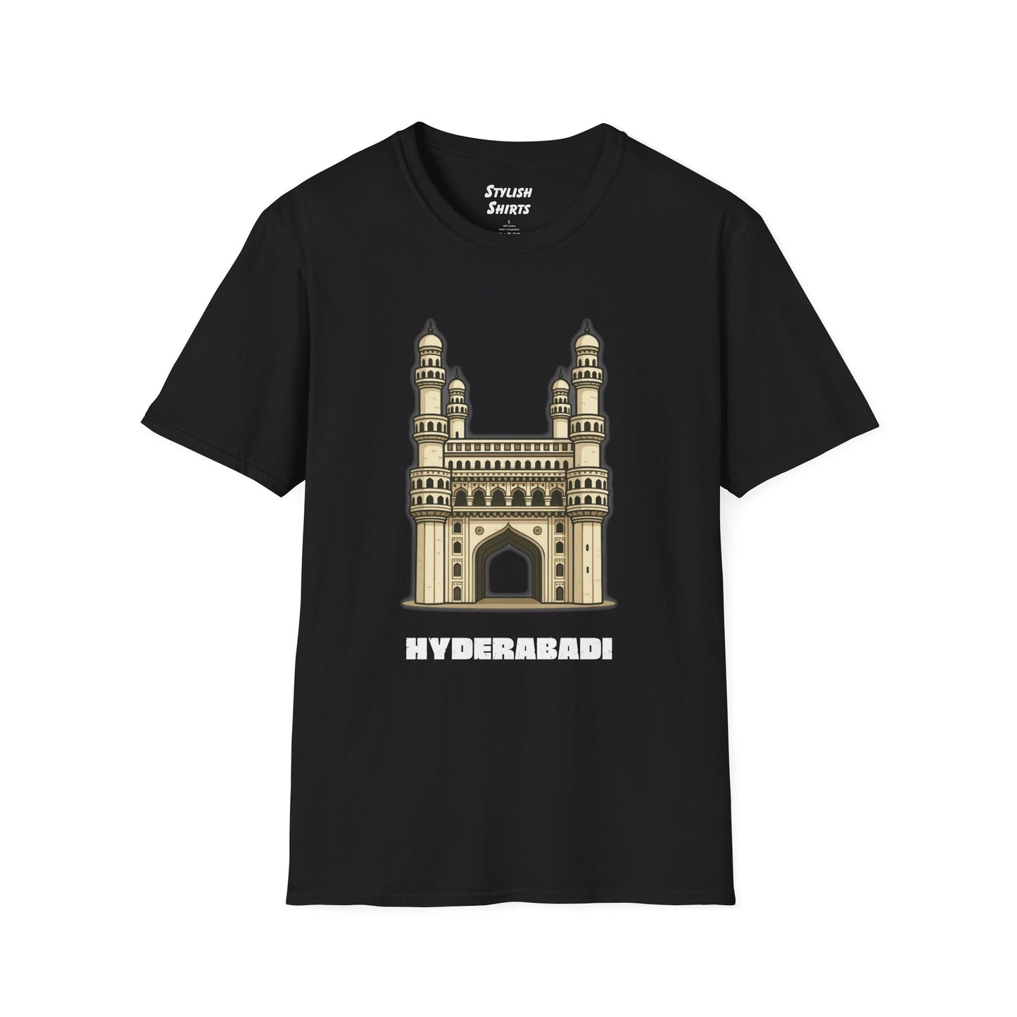 black shirt that says Hyderabadi with a graphic of Charminar