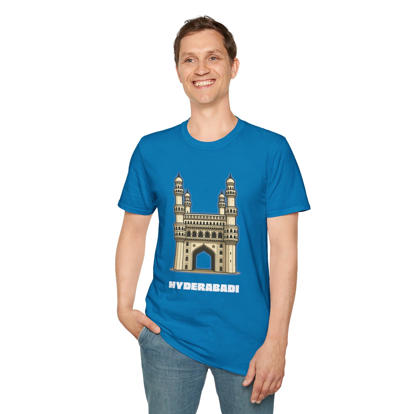 man wearing a blue shirt that says Hyderabadi with a graphic of Charminar