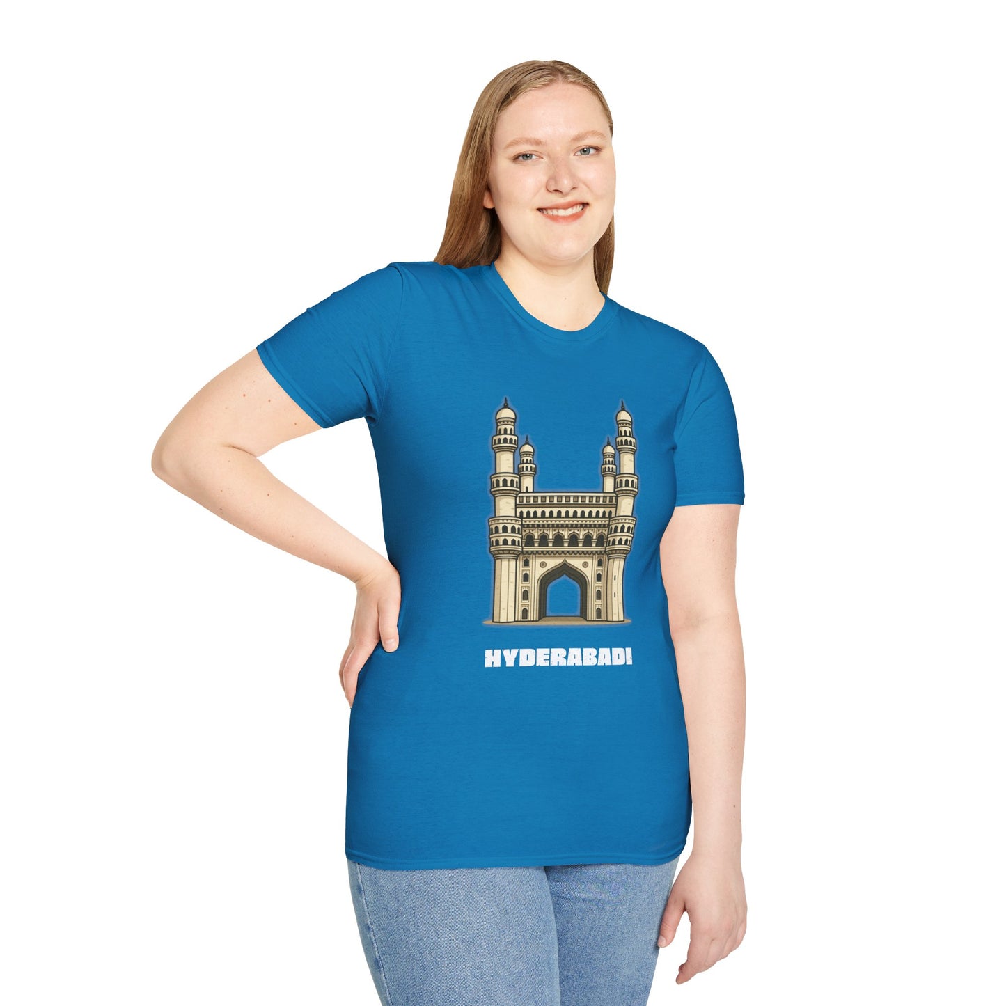 woman wearing a blue shirt that says Hyderabadi with a graphic of Charminar