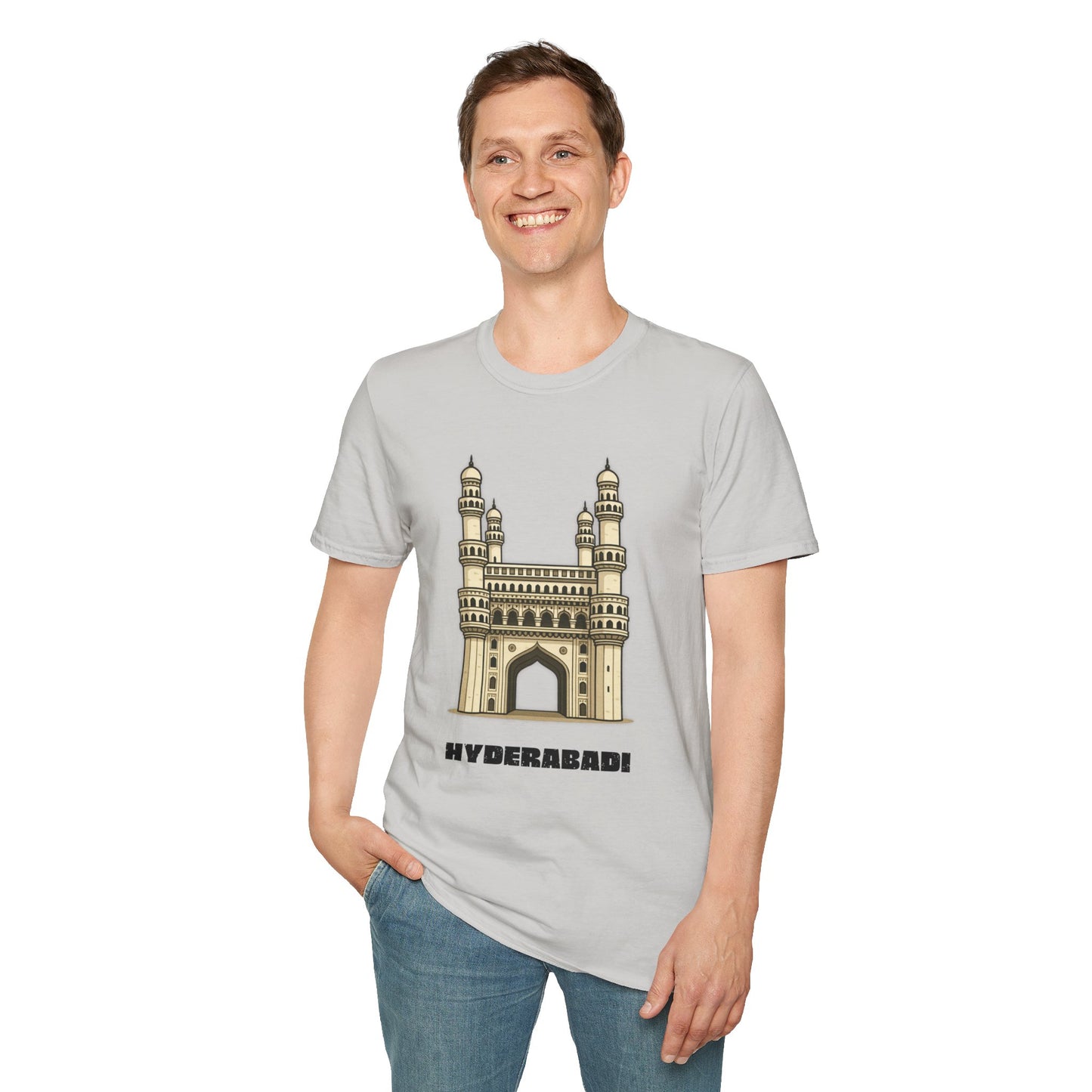 man wearing a ice grey shirt that says Hyderabadi with a graphic of Charminar