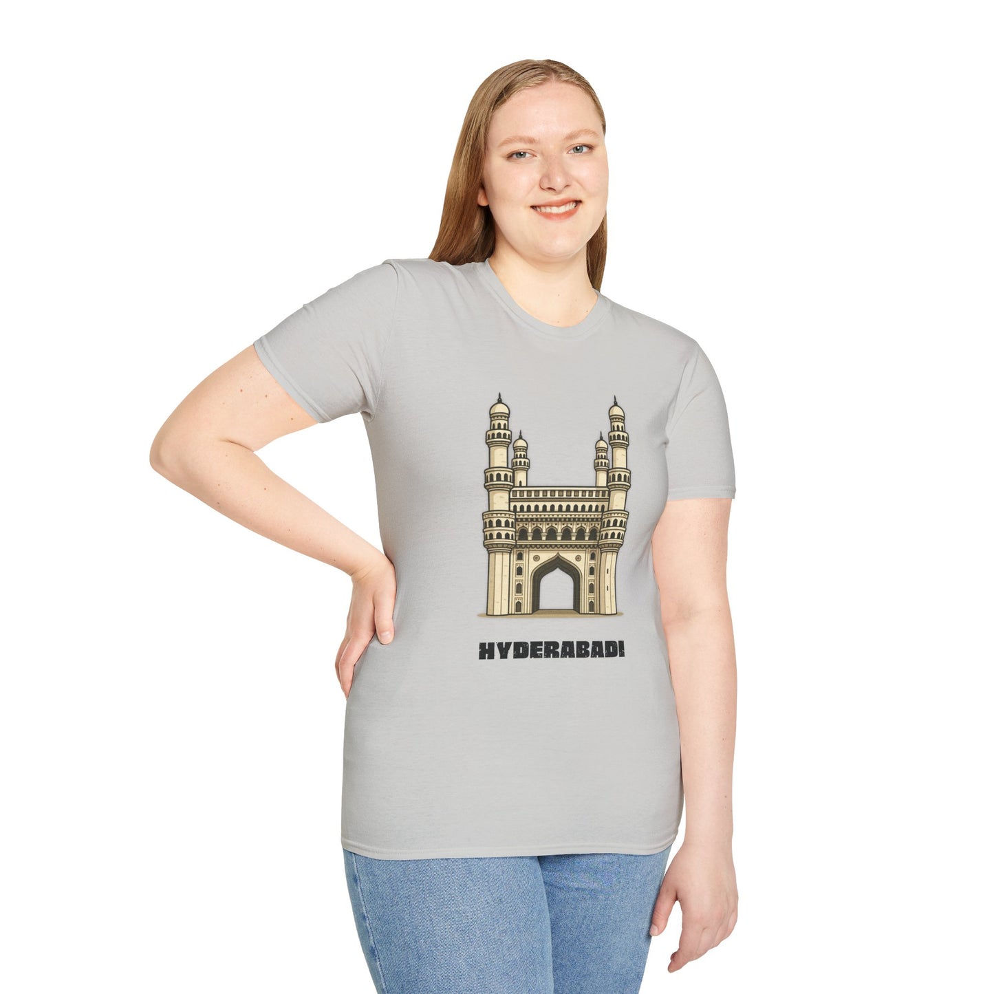woman wearing a ice grey shirt that says Hyderabadi with a graphic of Charminar