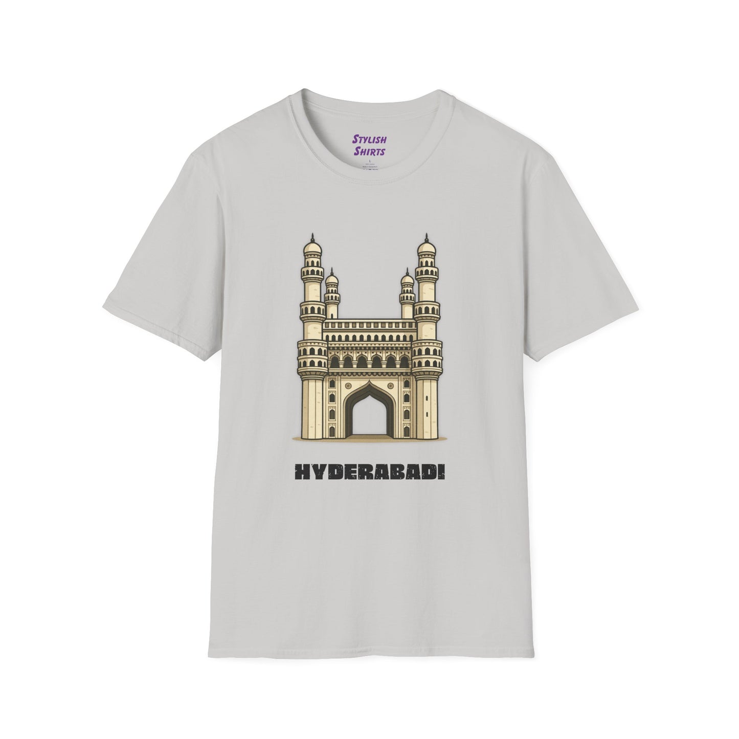ice grey shirt that says Hyderabadi with a graphic of Charminar