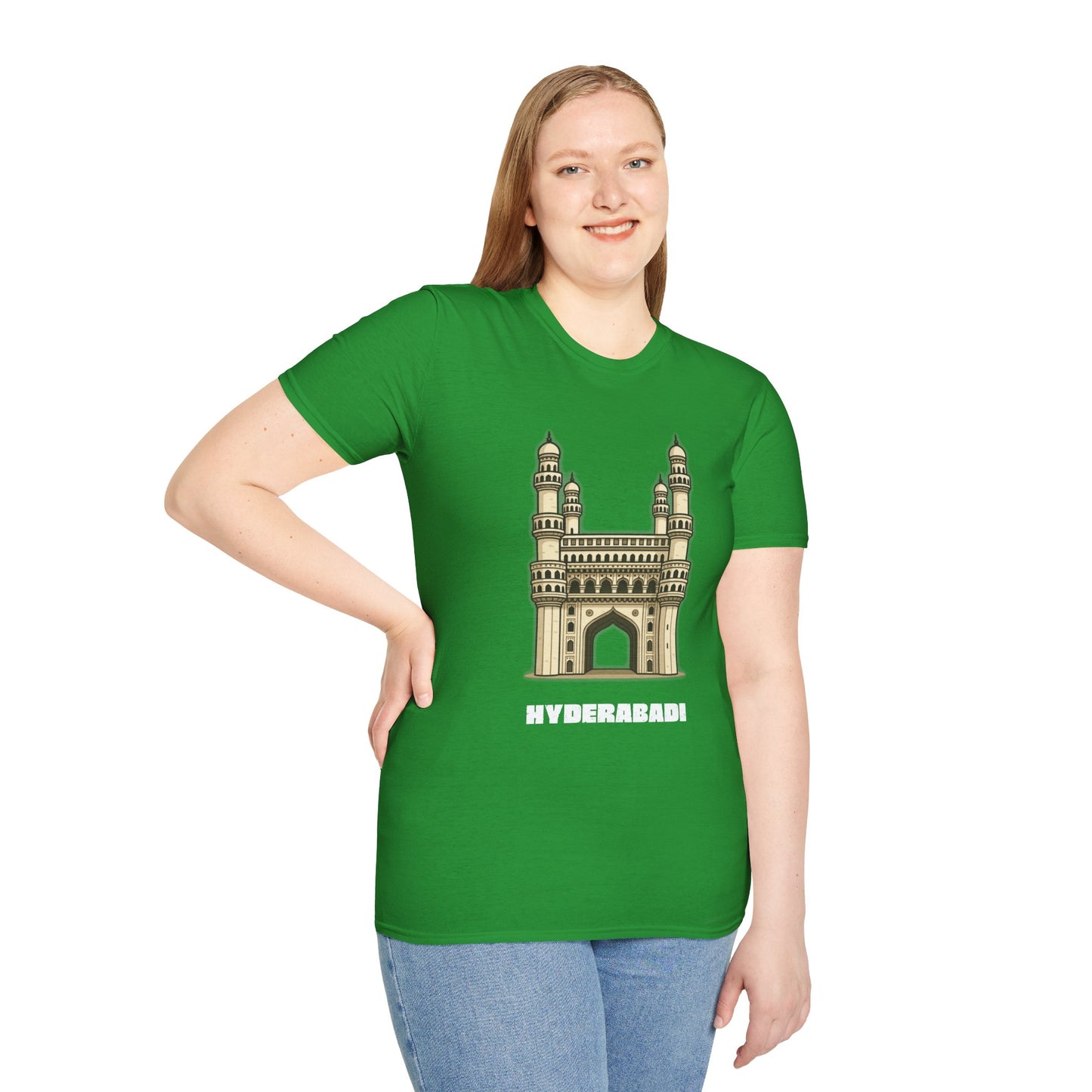 woman wearing a irish green shirt that says Hyderabadi with a graphic of Charminar
