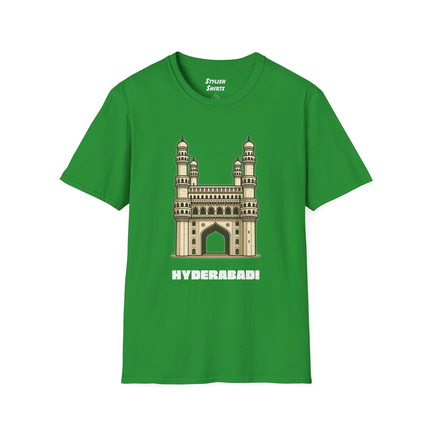 irish green shirt that says Hyderabadi with a graphic of Charminar