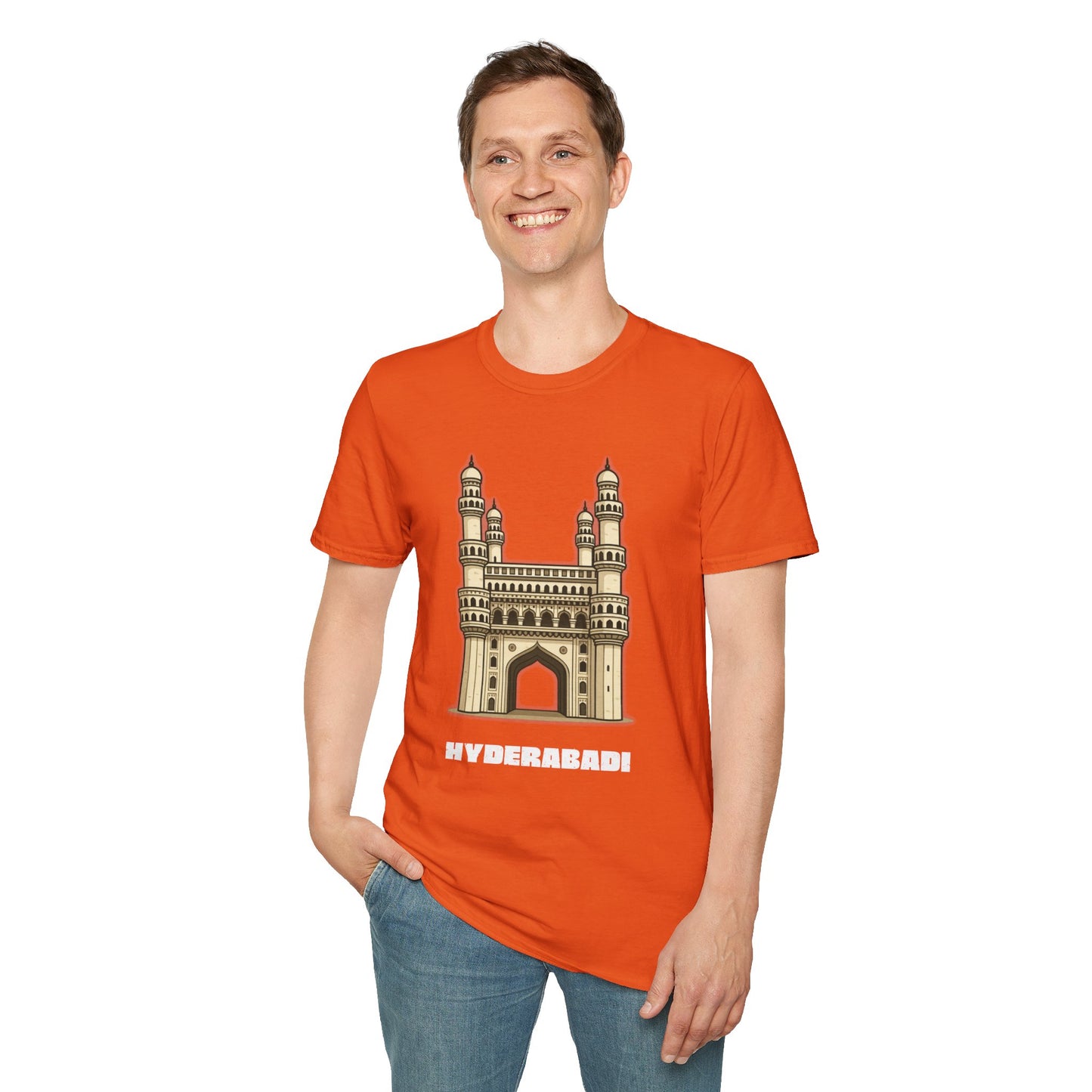 man wearing an orange shirt that says Hyderabadi with a graphic of Charminar