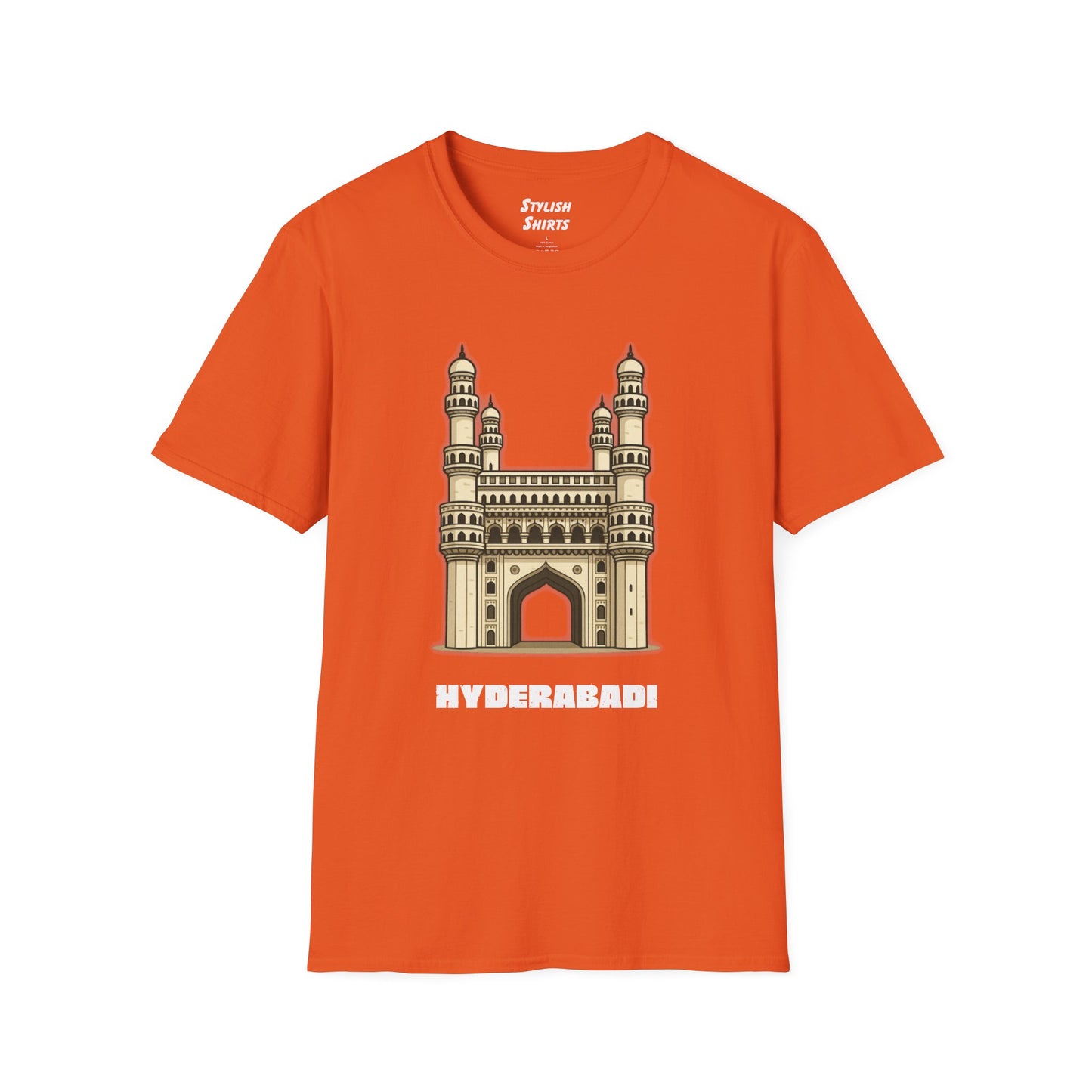 orange shirt that says Hyderabadi with a graphic of Charminar