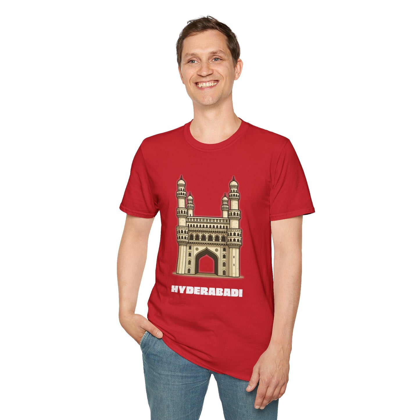 man wearing a red shirt that says Hyderabadi with a graphic of Charminar