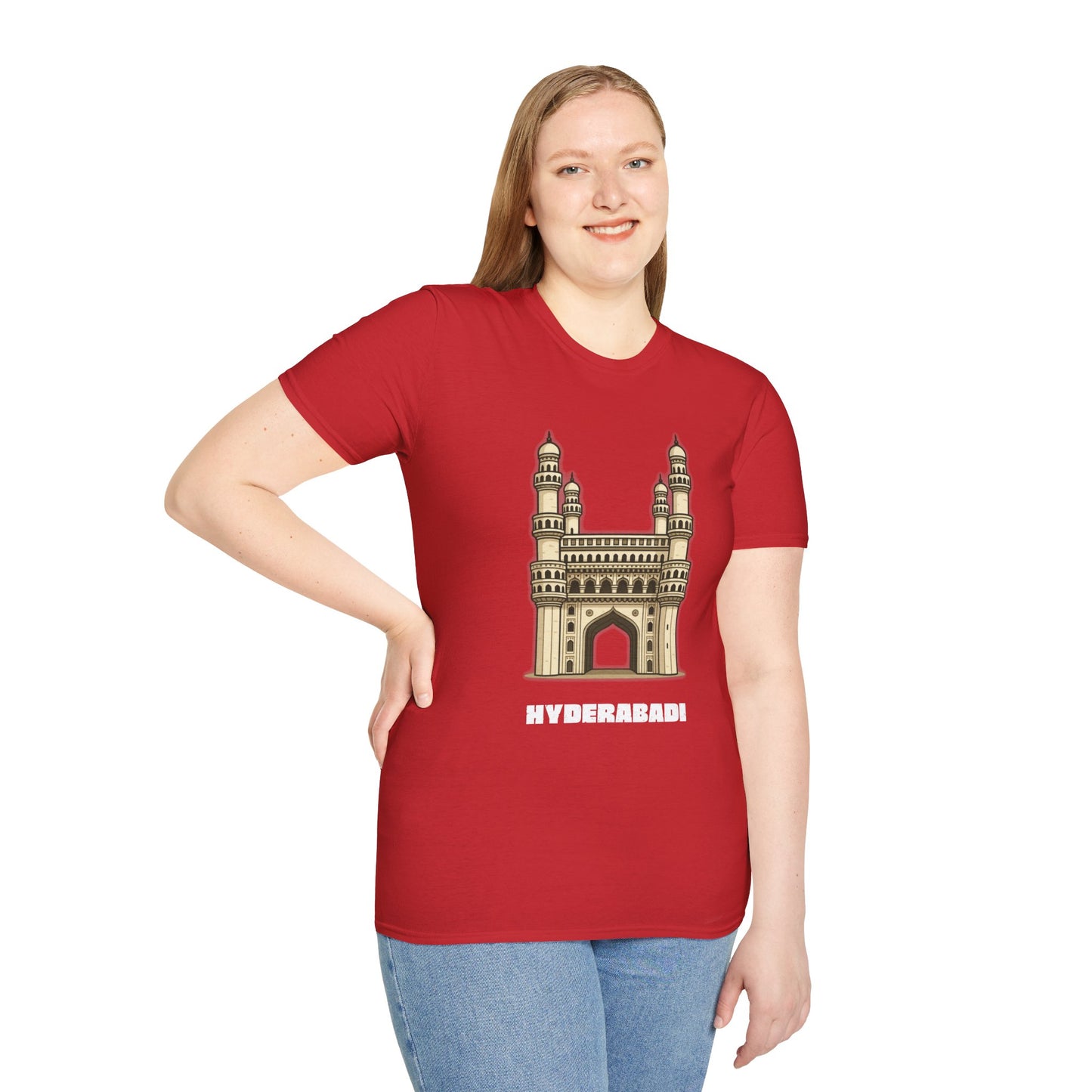 woman wearing a red shirt that says Hyderabadi with a graphic of Charminar