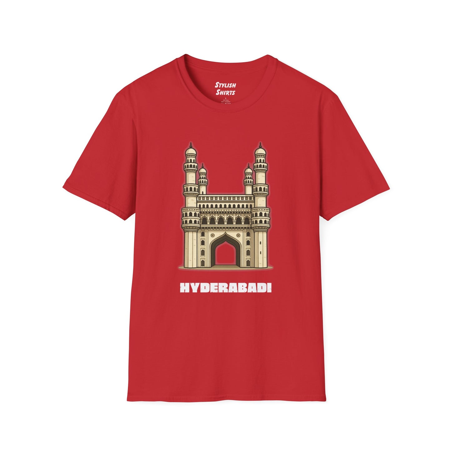 red shirt that says Hyderabadi with a graphic of Charminar