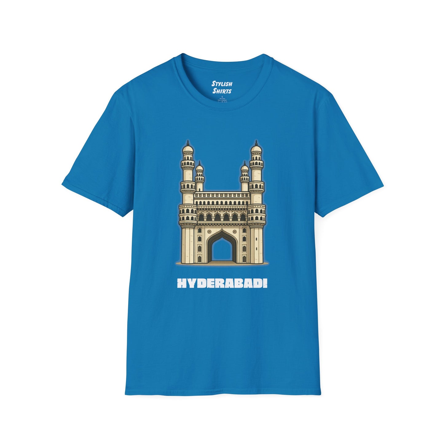 sapphire blue shirt that says Hyderabadi with a graphic of Charminar