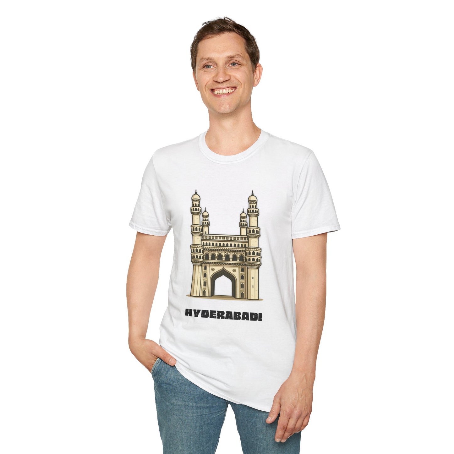 man wearing a white shirt that says Hyderabadi with a graphic of Charminar
