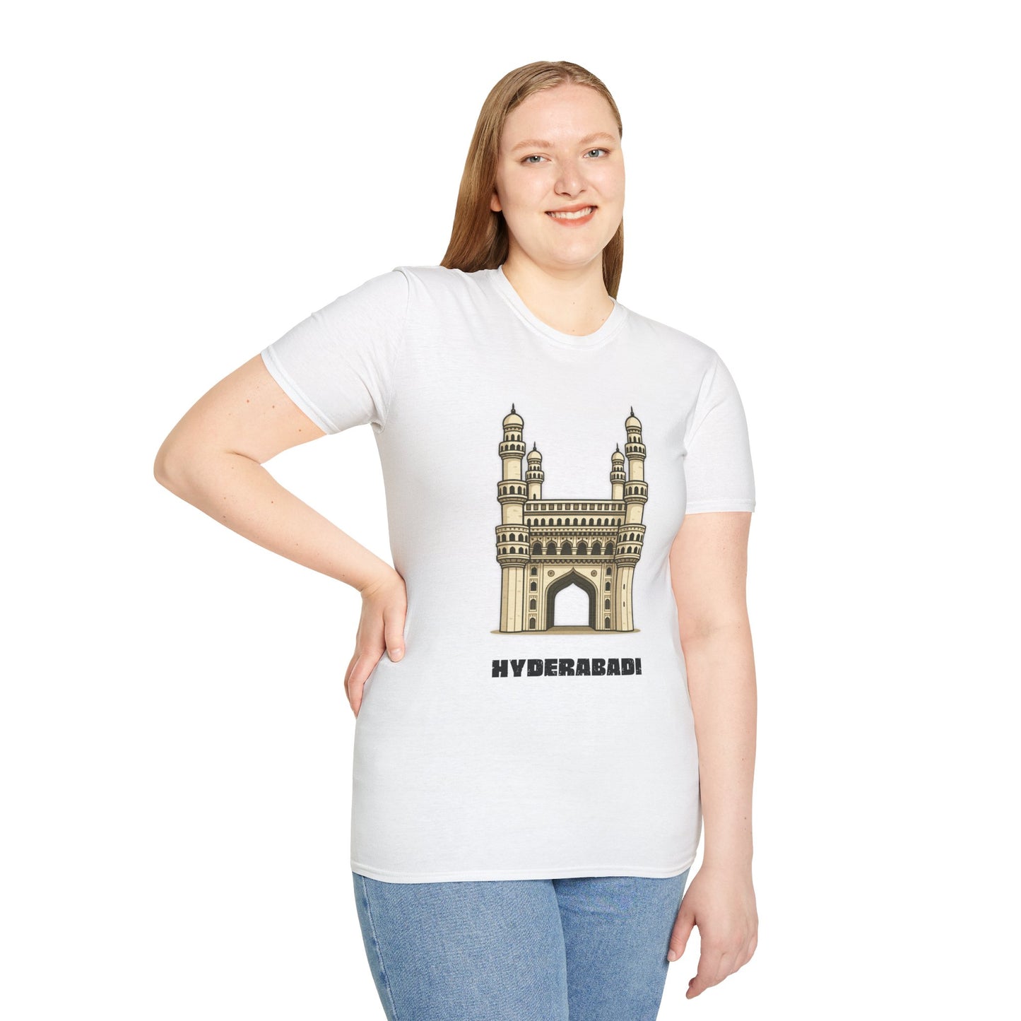 woman wearing a white shirt that says Hyderabadi with a graphic of Charminar