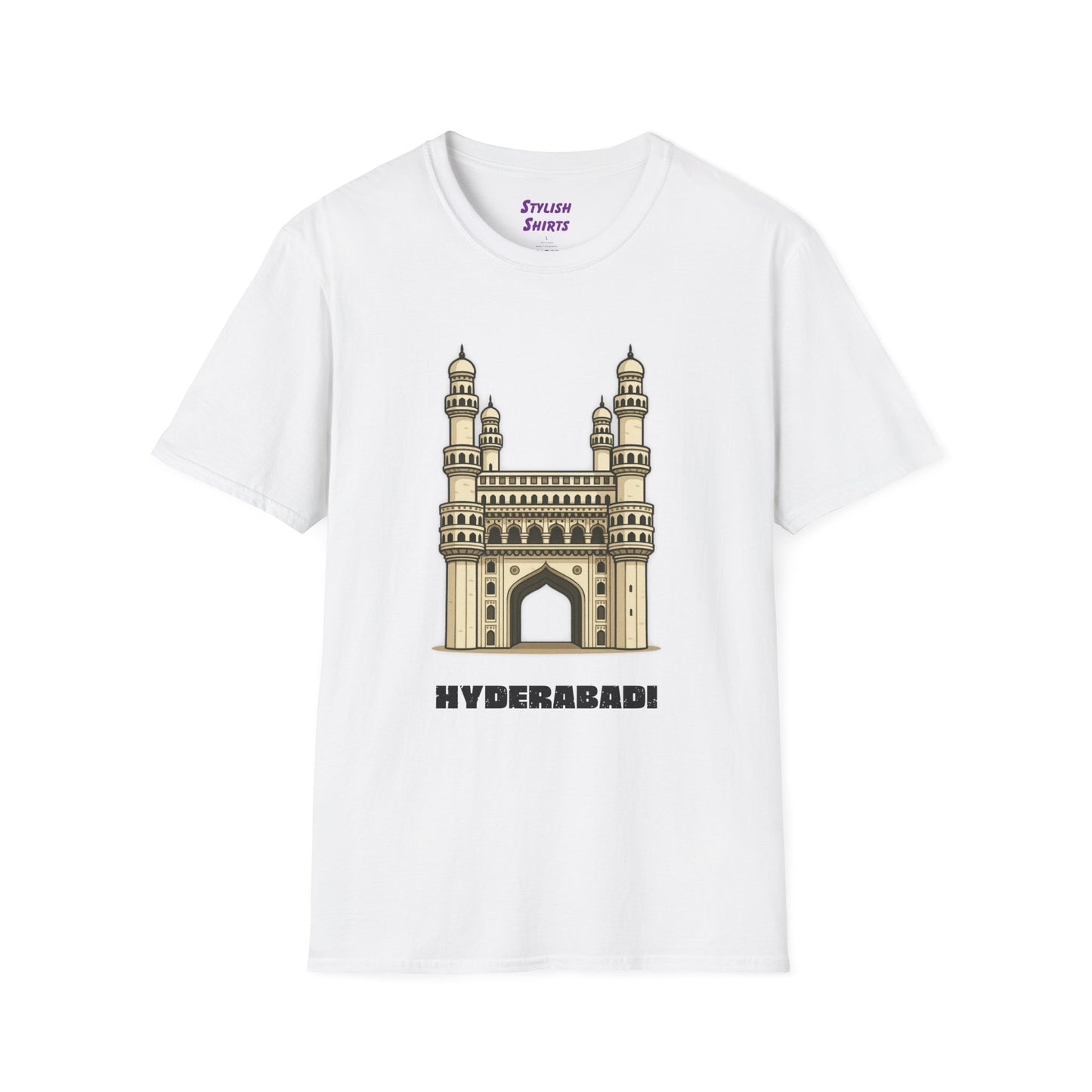 white shirt that says Hyderabadi with a graphic of Charminar