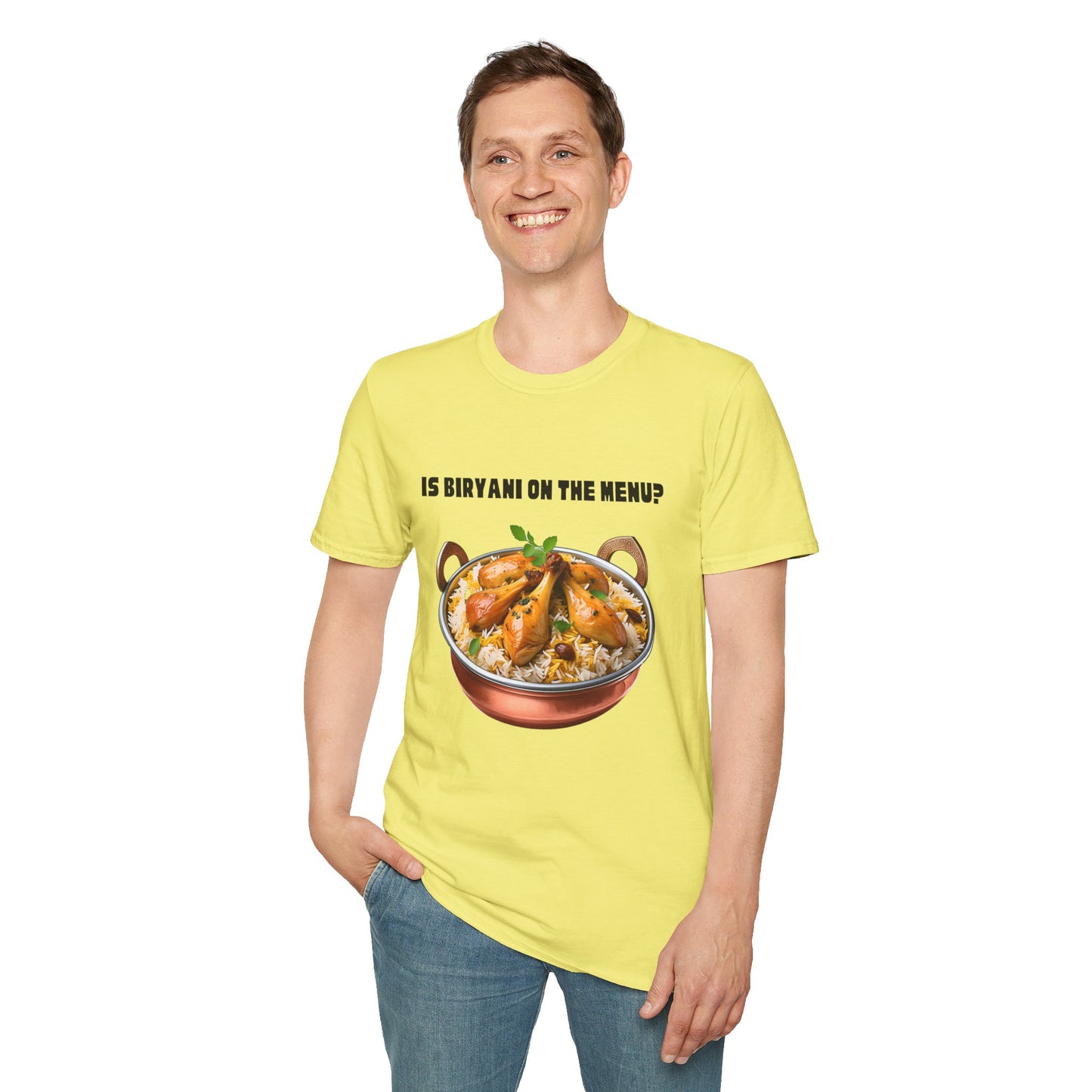 a man wearing a cornsilk yellow shirt that says Is Biryani on the Menu with a graphic of chicken biryani