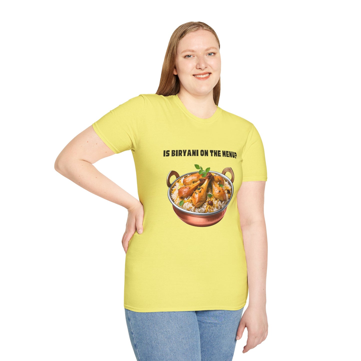 a woman wearing a cornsilk yellow shirt that says Is Biryani on the Menu with a graphic of chicken biryani