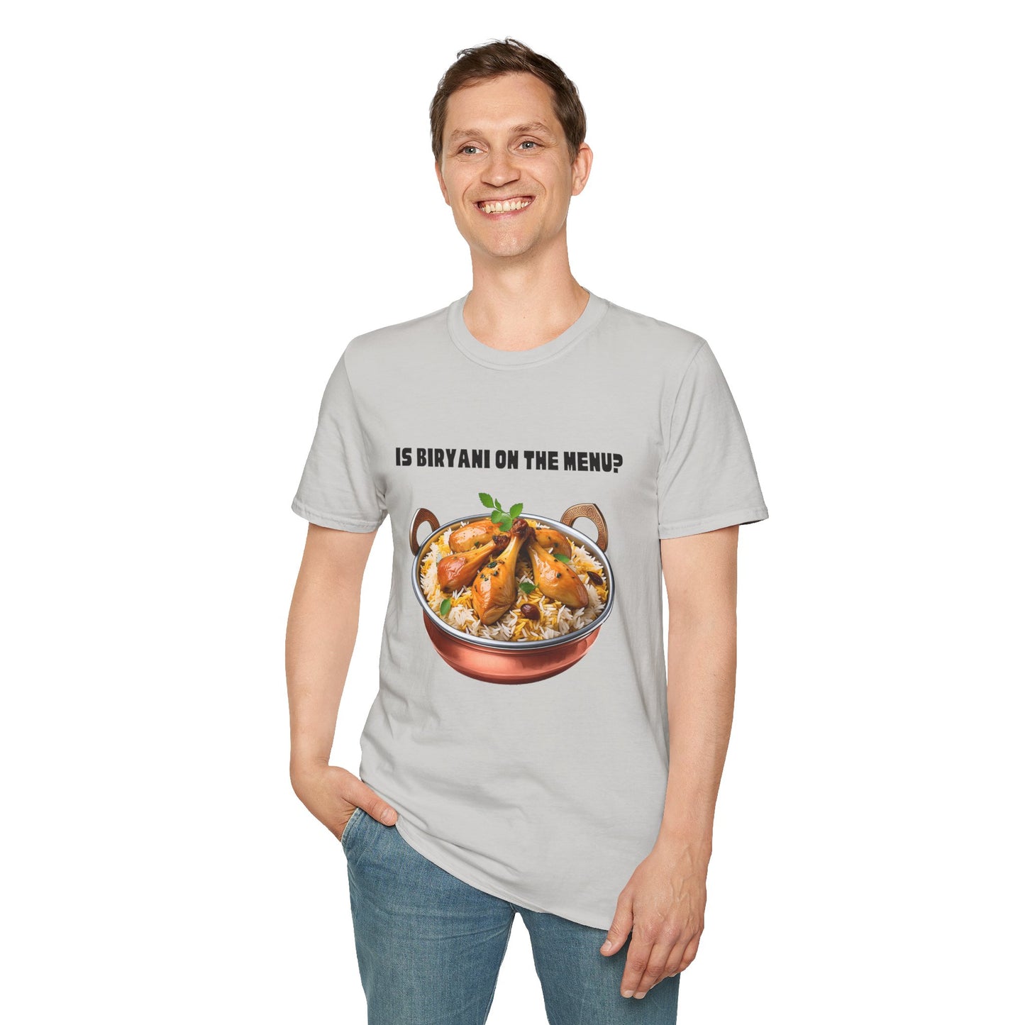 a man wearing a ice grey shirt that says Is Biryani on the Menu with a graphic of chicken biryani