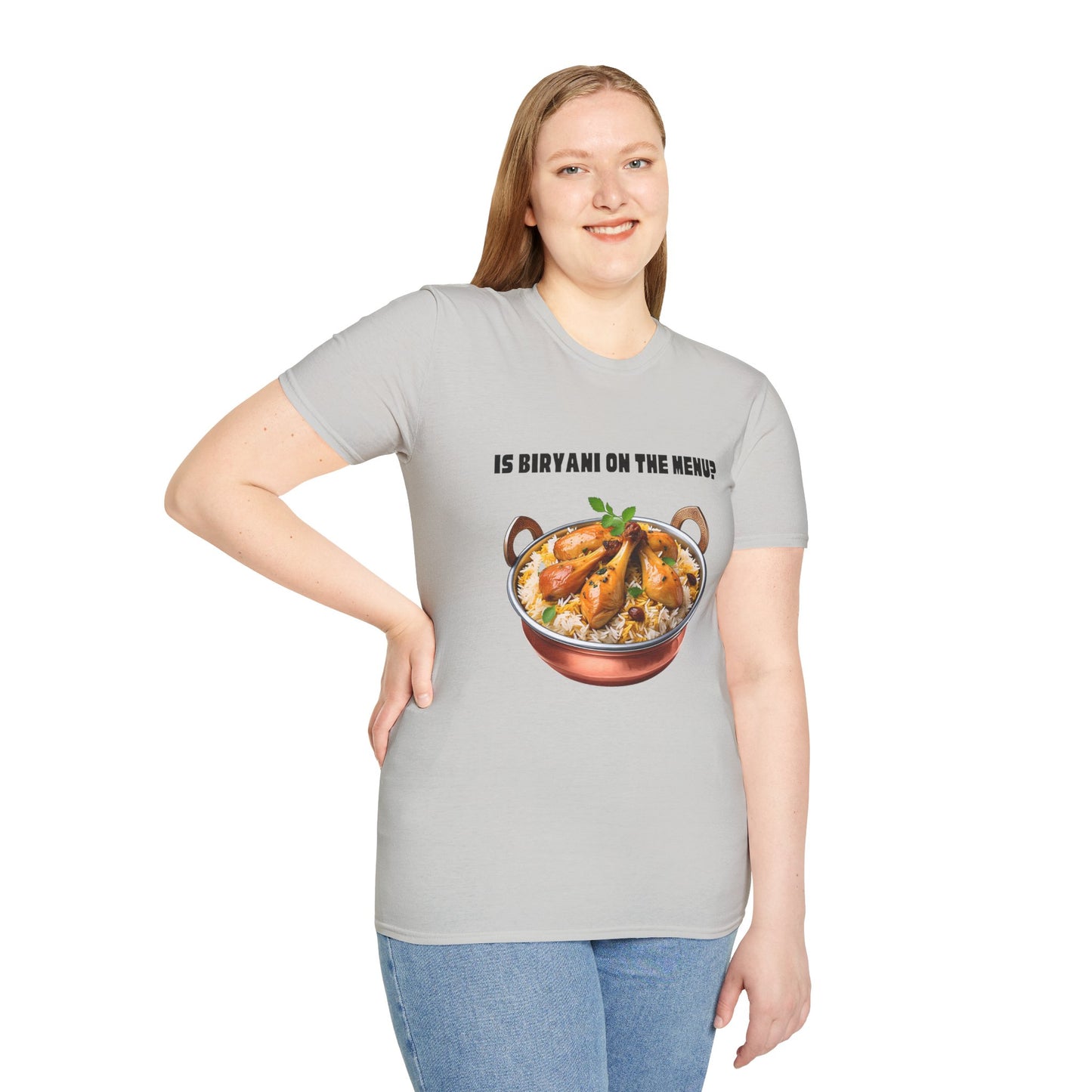 a woman wearing a ice grey shirt that says Is Biryani on the Menu with a graphic of chicken biryani