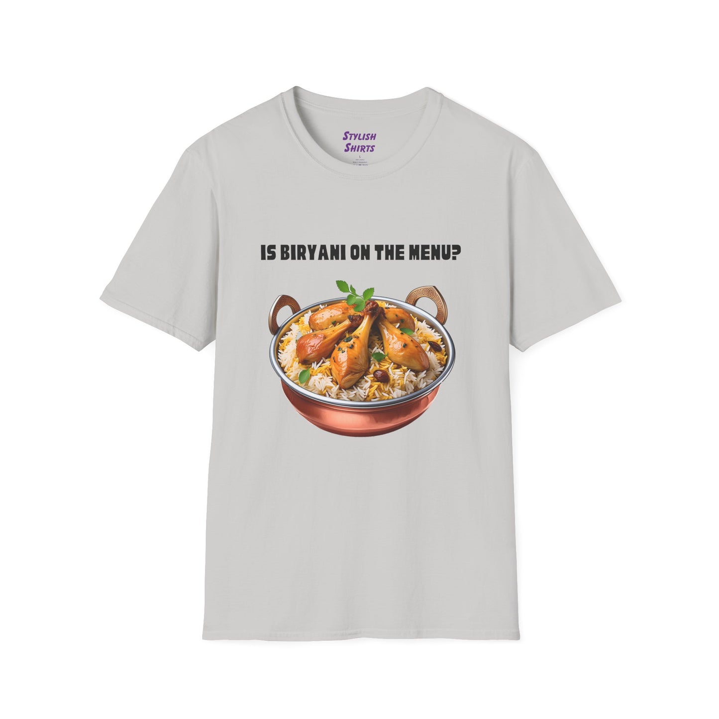 a ice grey shirt that says Is Biryani on the Menu with a graphic of chicken biryani