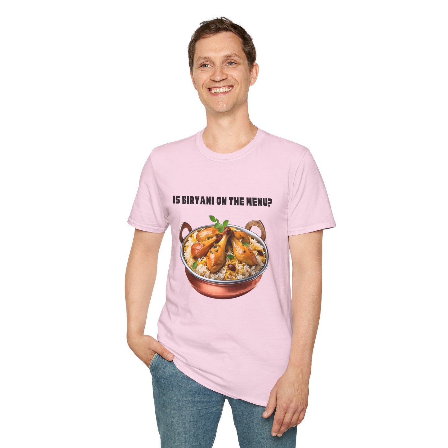 a man wearing a light pink shirt that says Is Biryani on the Menu with a graphic of chicken biryani