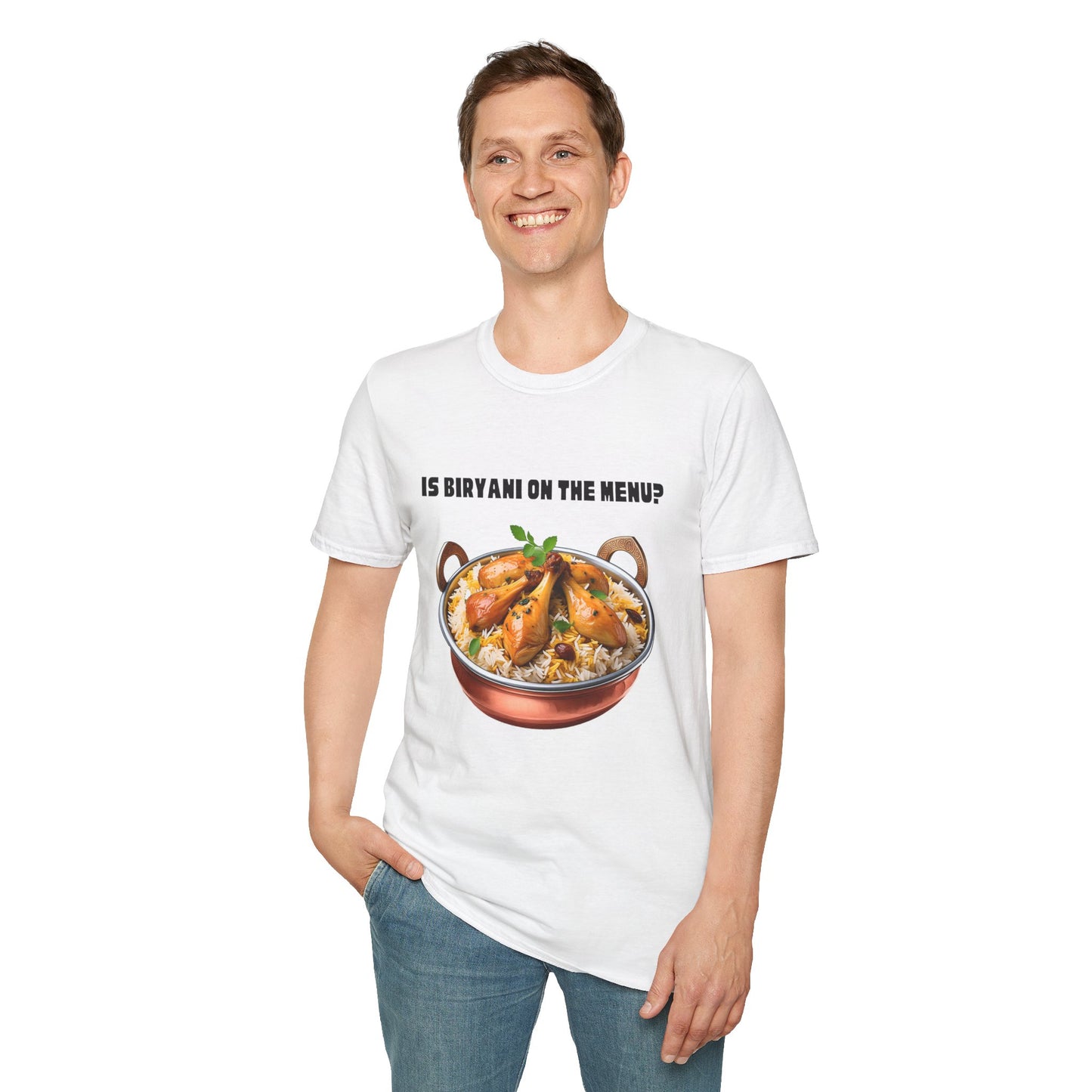 a man wearing a white shirt that says Is Biryani on the Menu with a graphic of chicken biryani