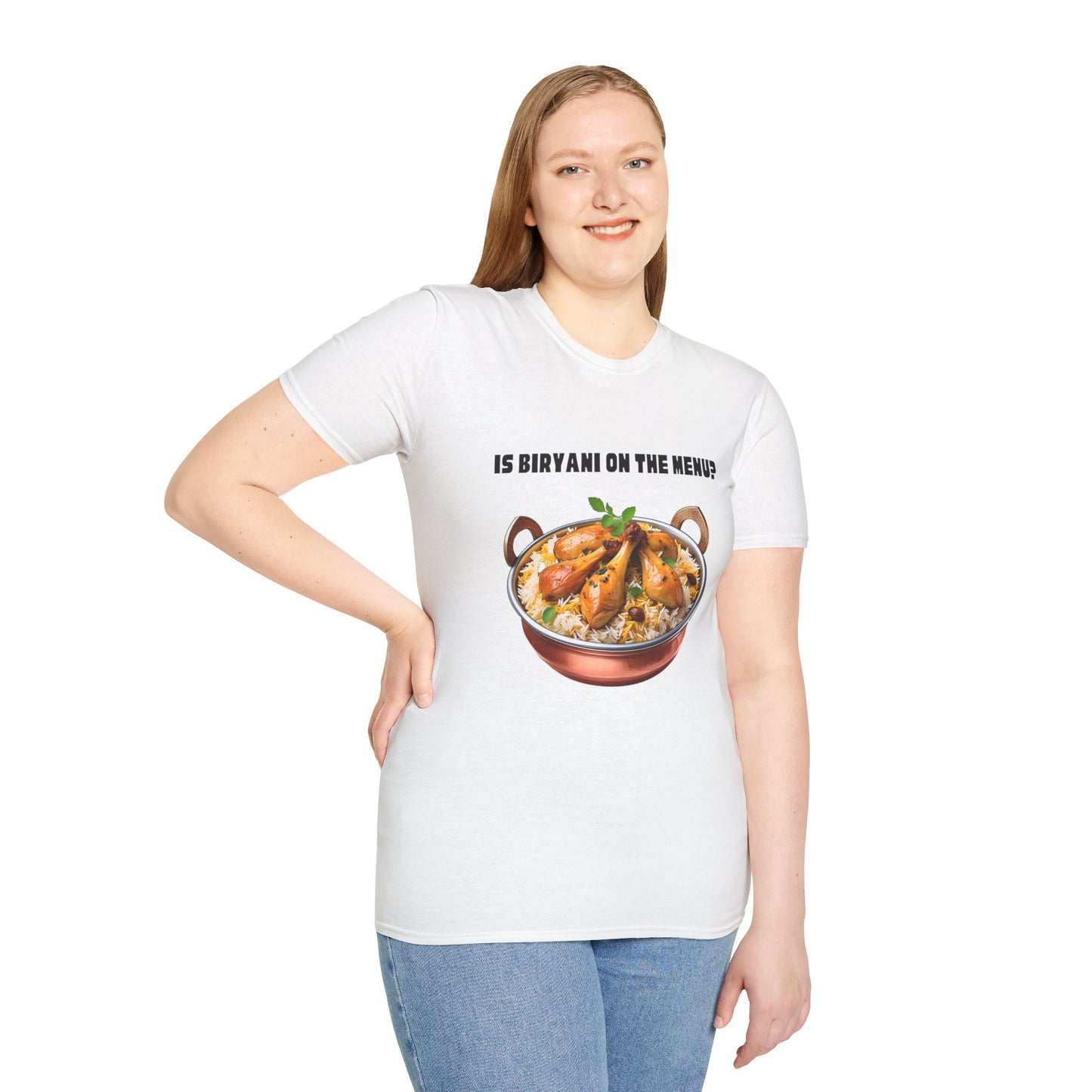 a woman wearing a white shirt that says Is Biryani on the Menu with a graphic of chicken biryani