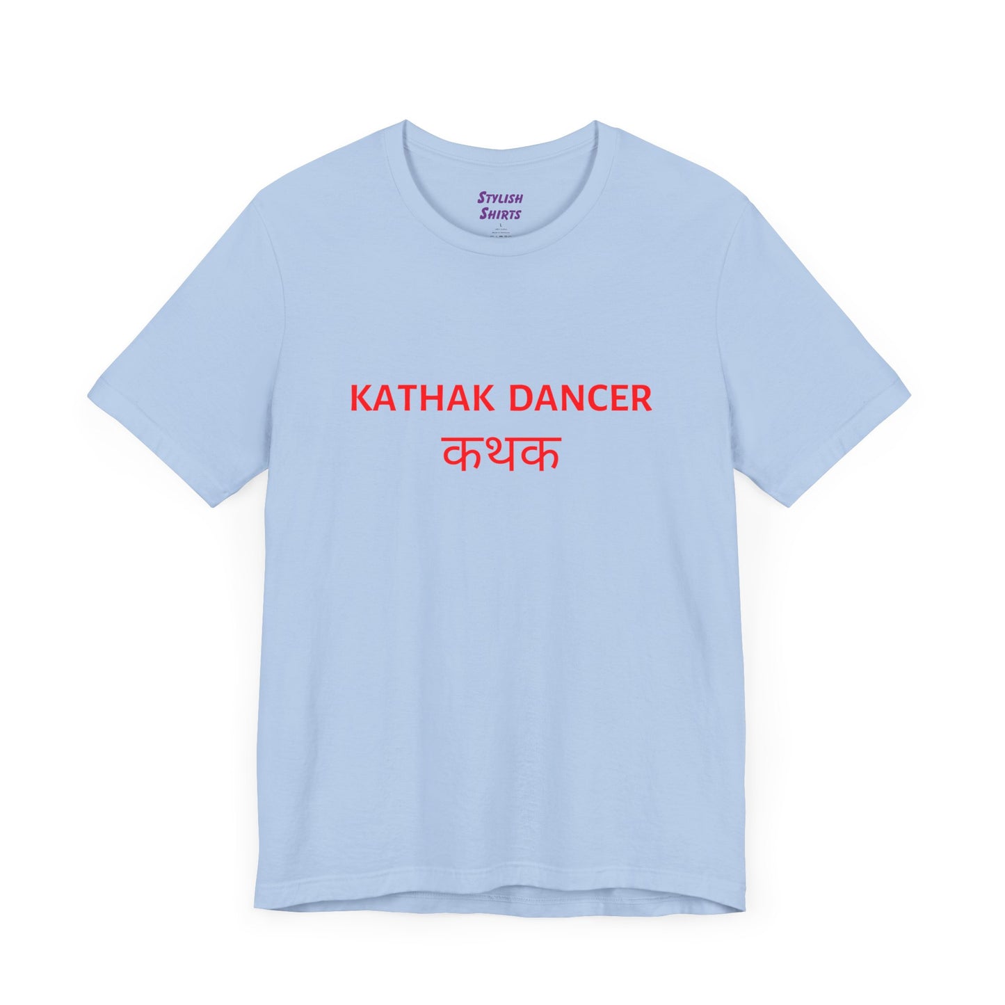 a baby blue shirt that says kathak dancer