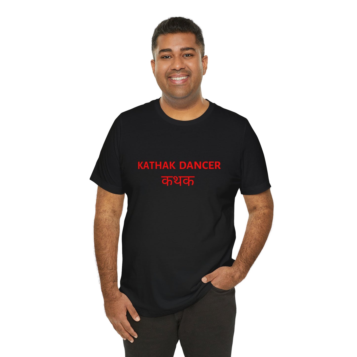 a man wearing a black shirt that says kathak dancer