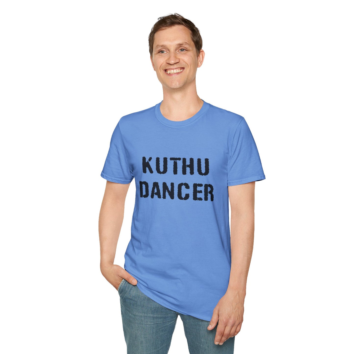 a man wearing a carolina blue shirt that says kuthu dancer