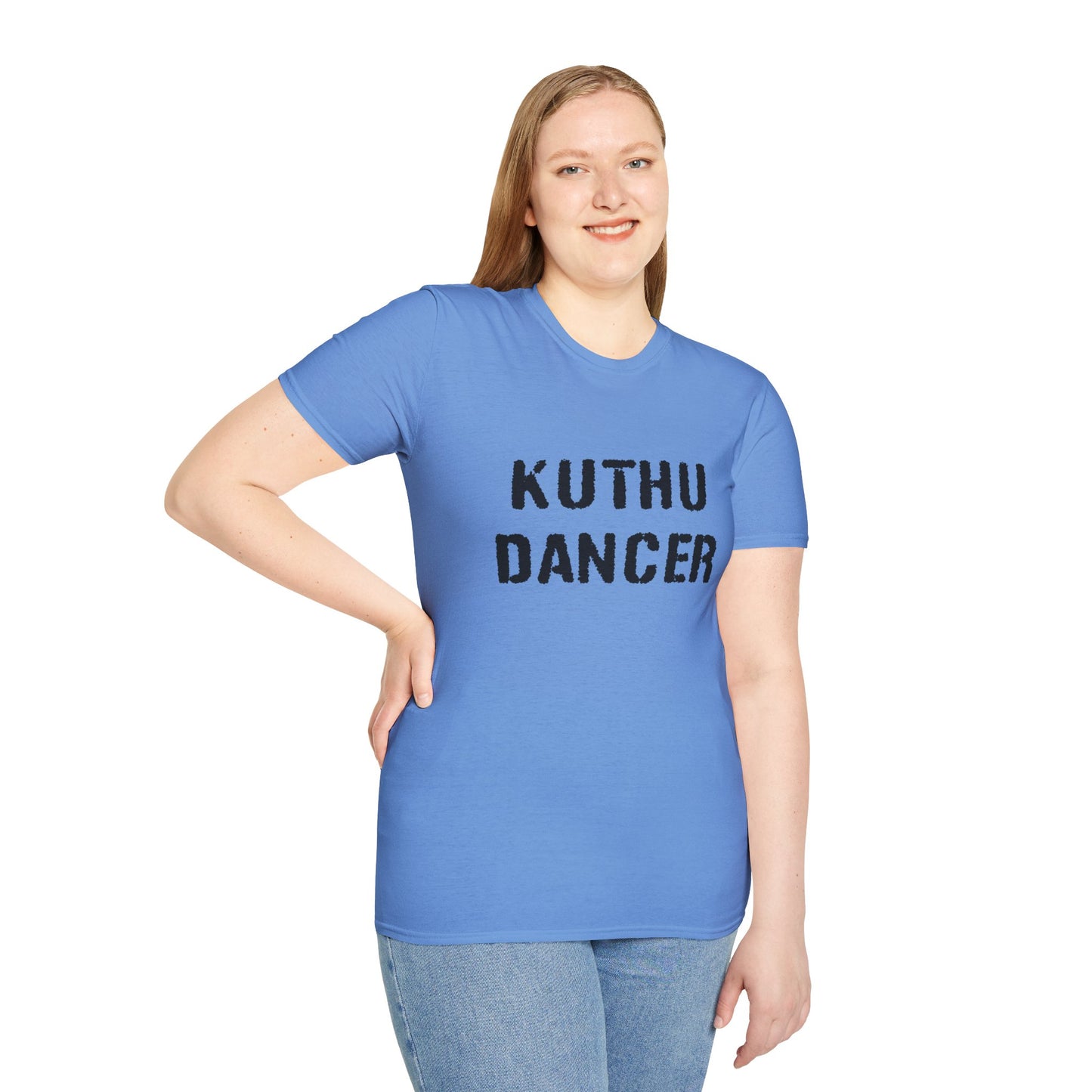 a woman wearing a carolina blue shirt that says kuthu dancer