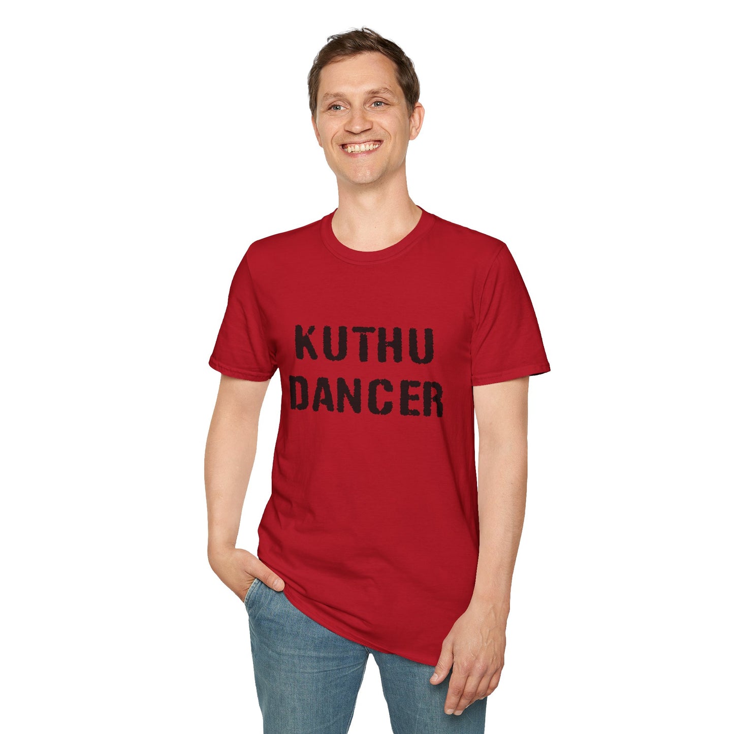 a man wearing a cherry red shirt that says kuthu dancer