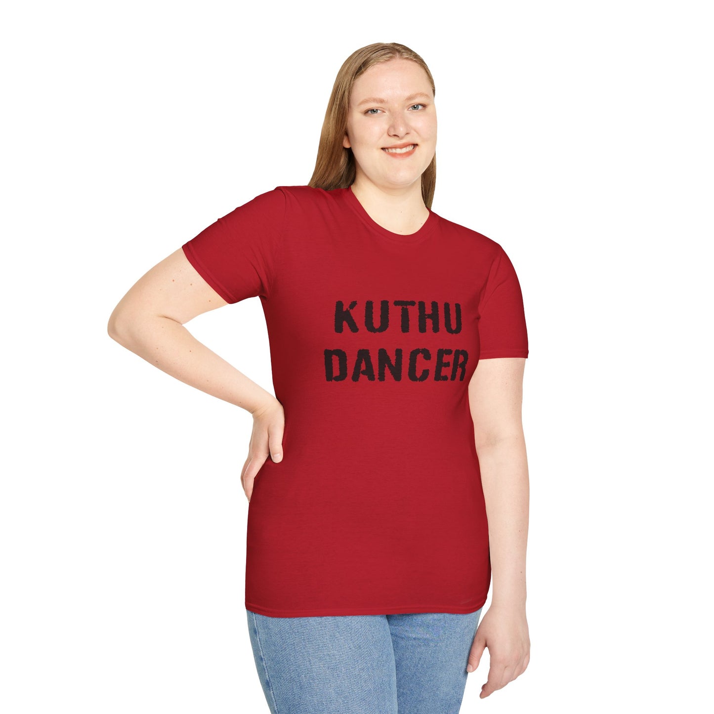 a woman wearing a cherry red shirt that says kuthu dancer