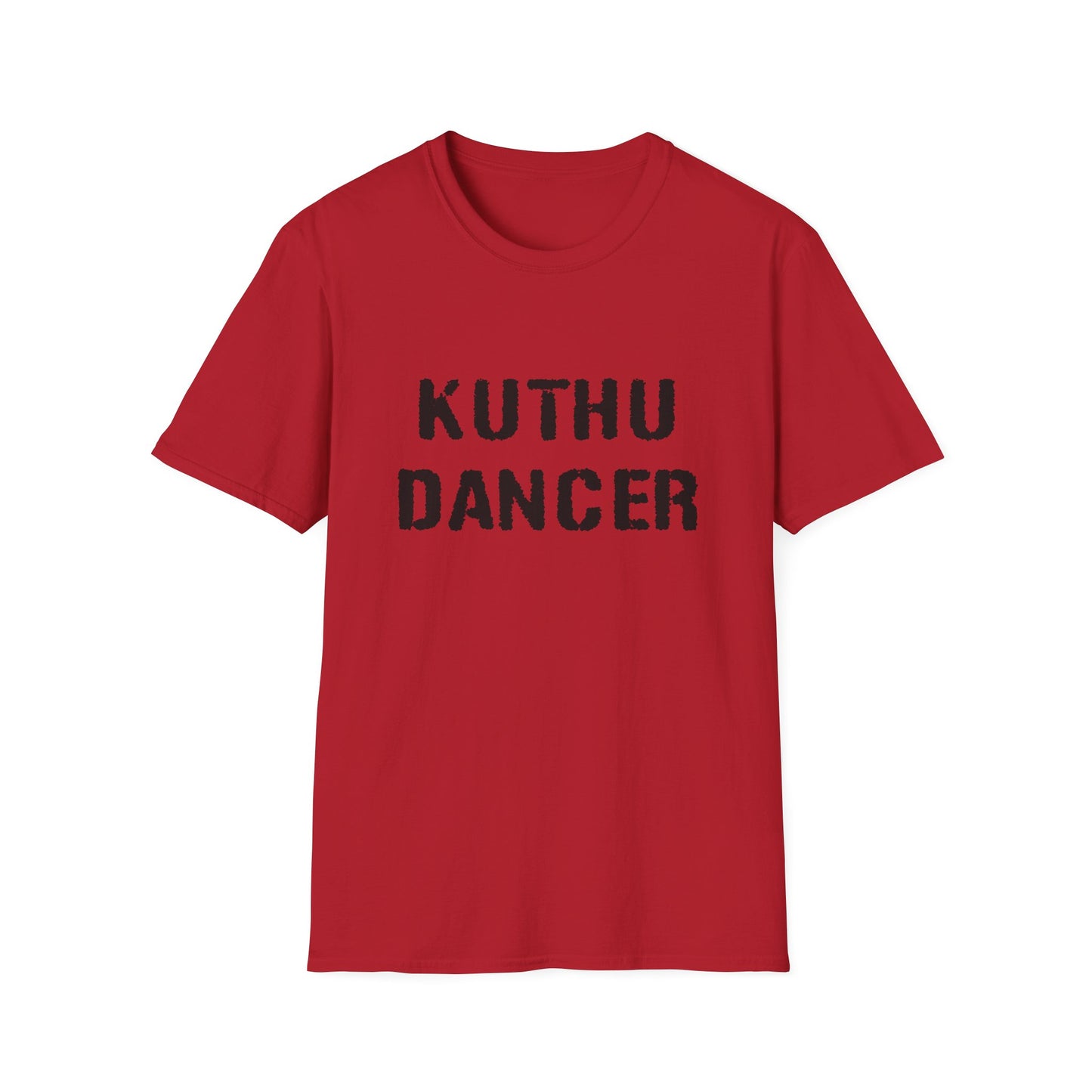 a cherry red shirt that says kuthu dancer