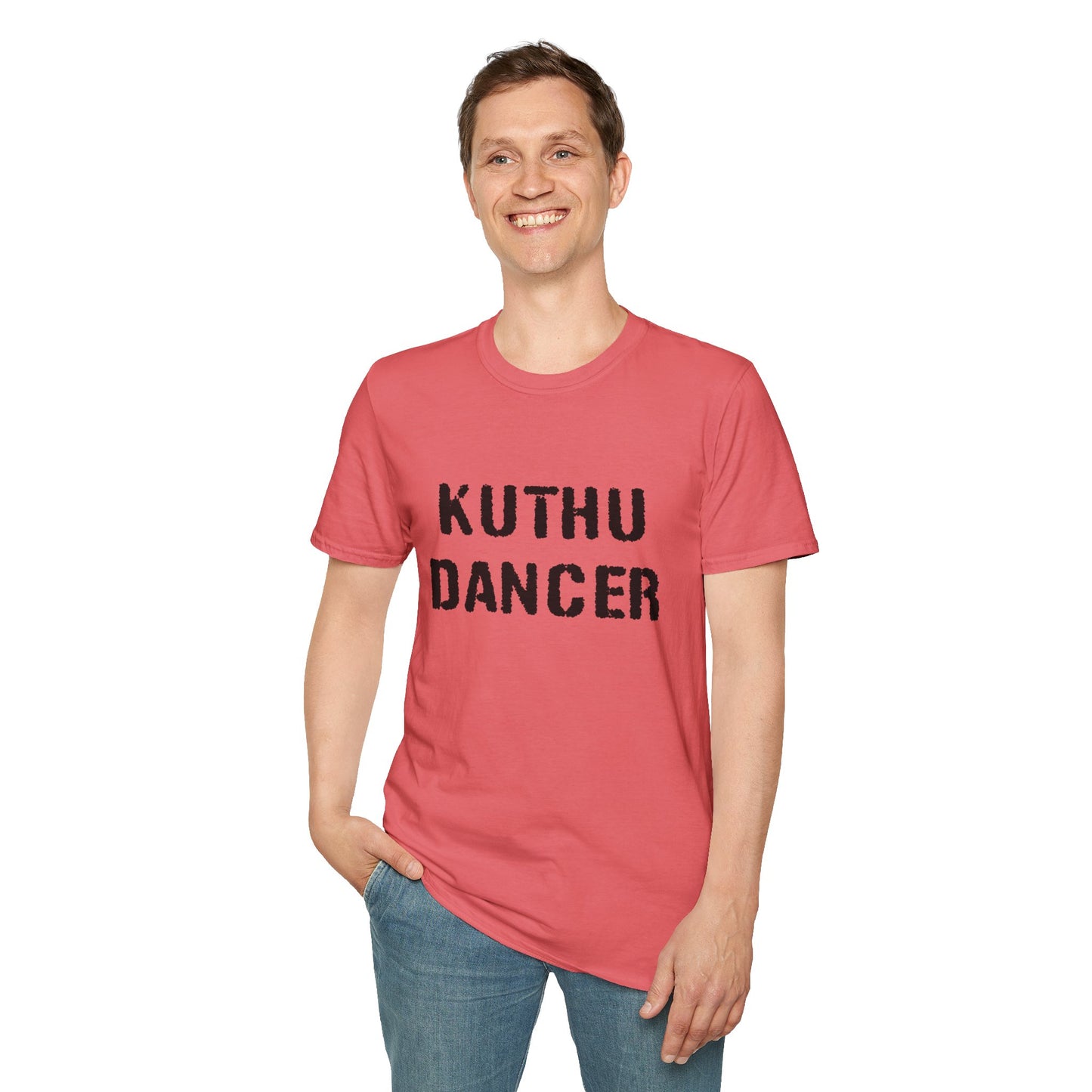 a man wearing a coral silk shirt that says kuthu dancer