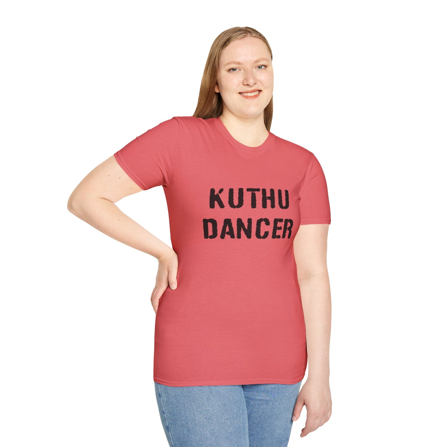a woman wearing a coral silk shirt that says kuthu dancer