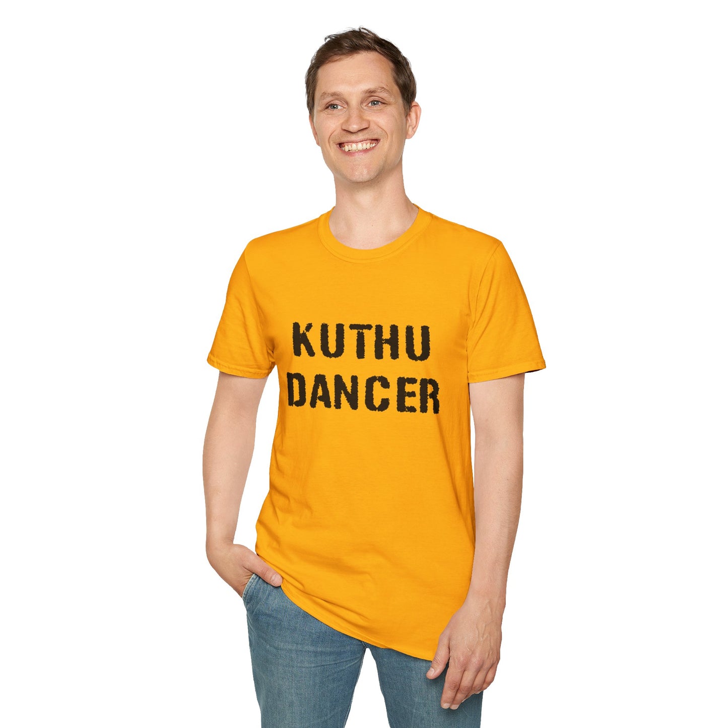 a man wearing a gold shirt that says kuthu dancer