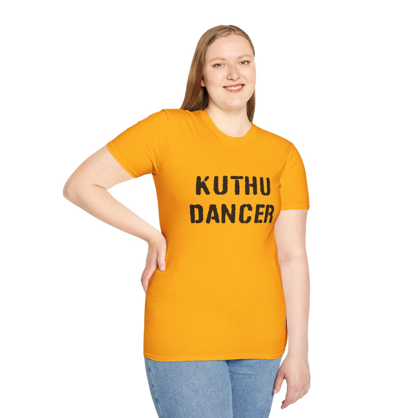 a woman wearing a gold shirt that says kuthu dancer
