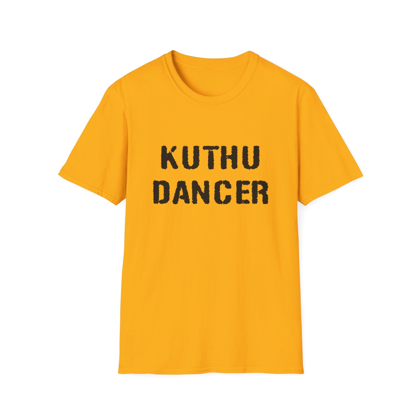a gold shirt that says kuthu dancer