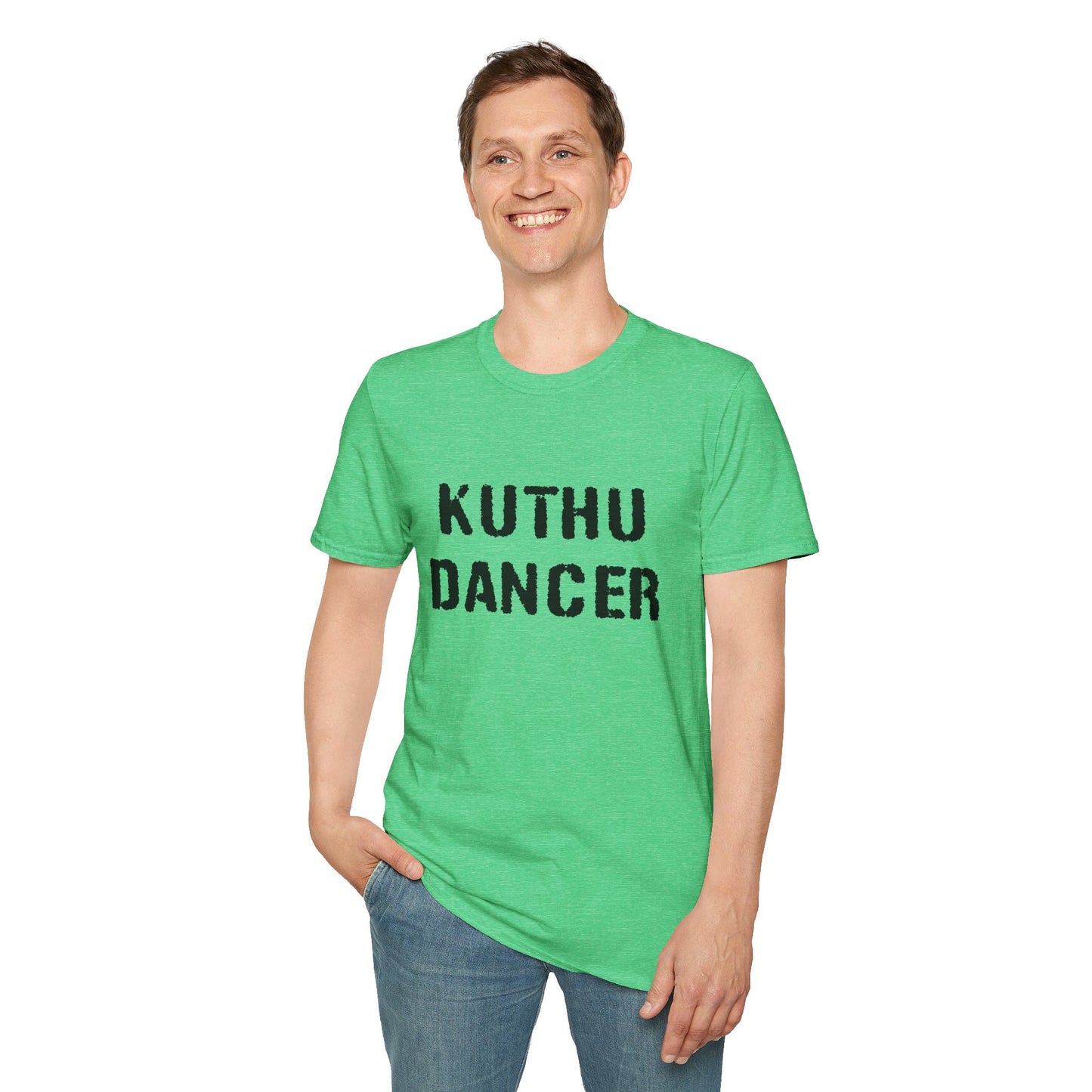 a man wearing a heather irish green shirt that says kuthu dancer