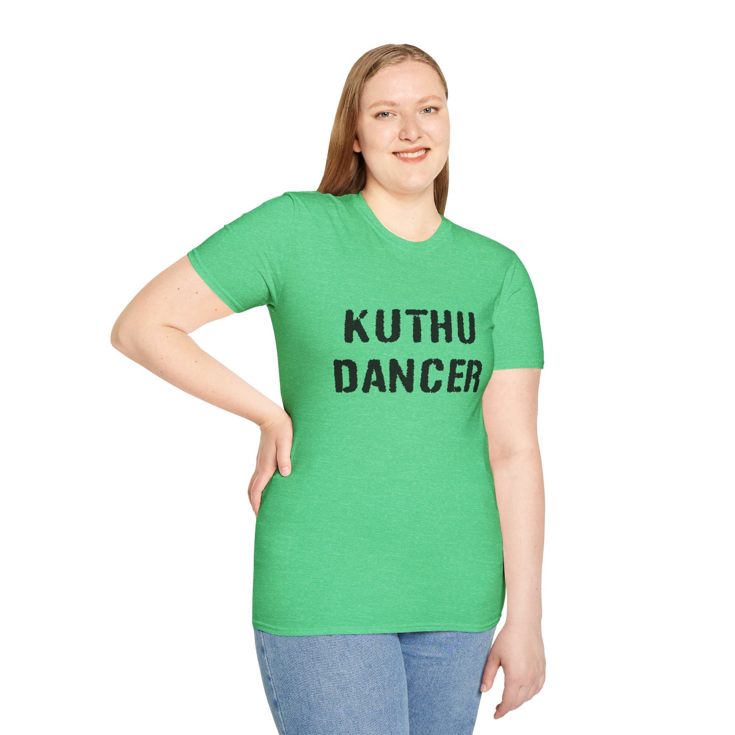 a woman wearing a heather irish green shirt that says kuthu dancer