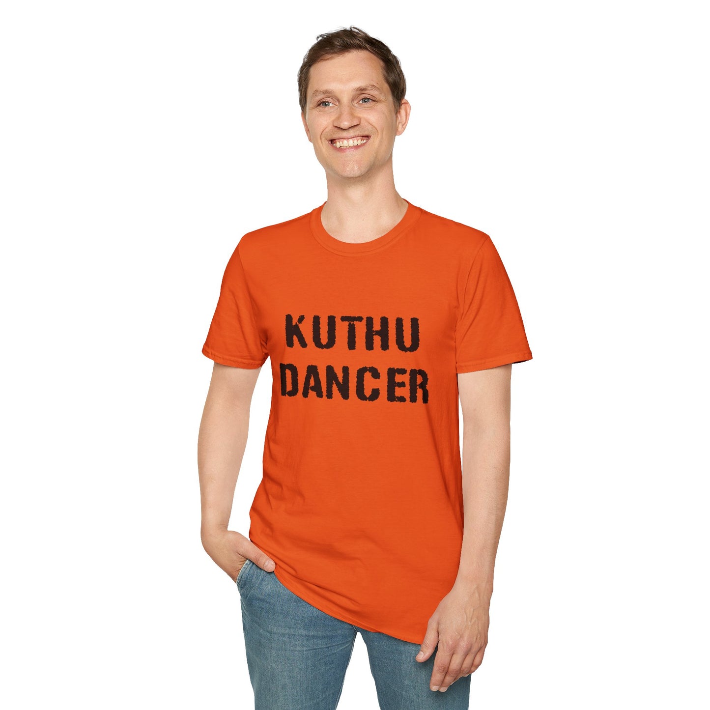 a man wearing a orange shirt that says kuthu dancer