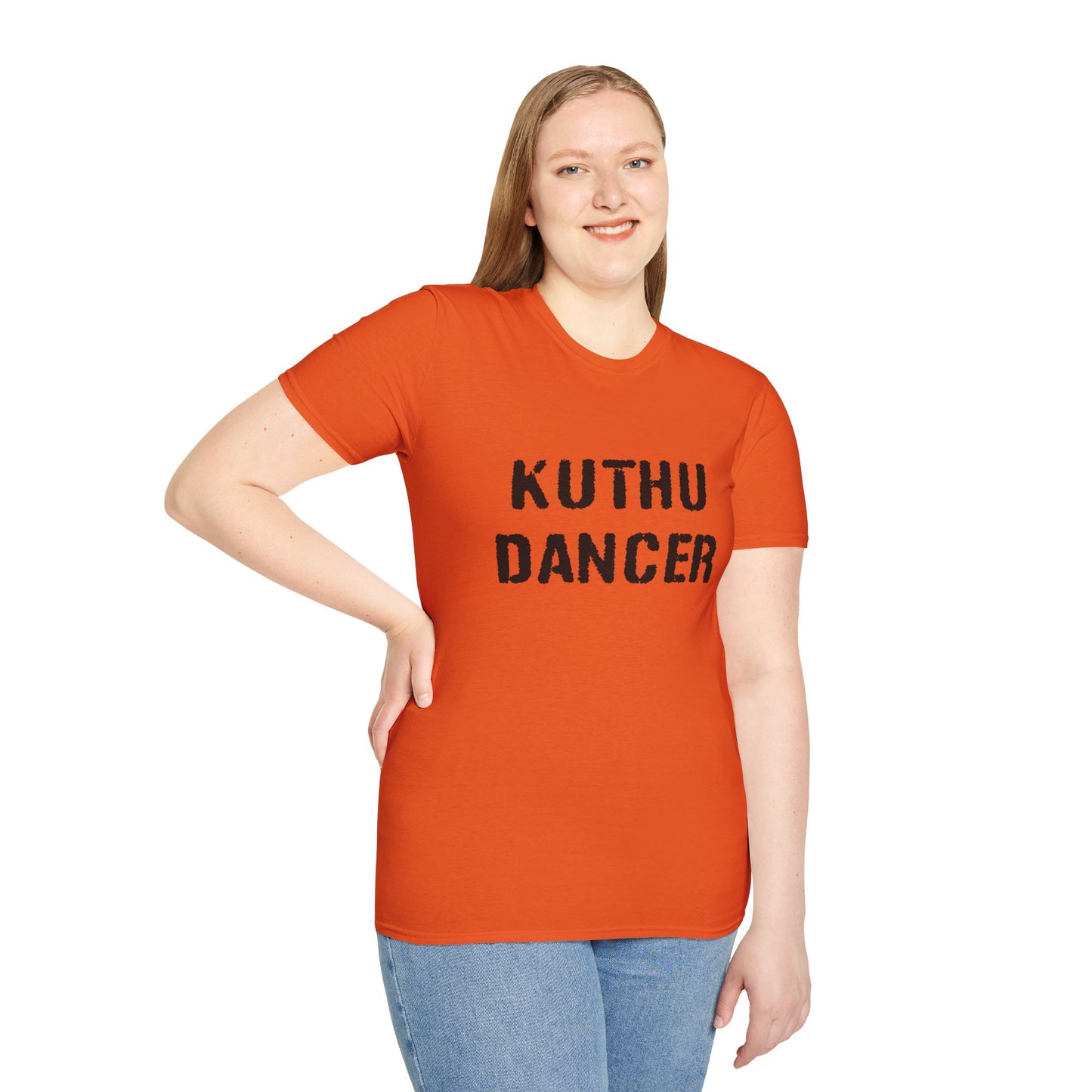 a woman wearing a orange shirt that says kuthu dancer