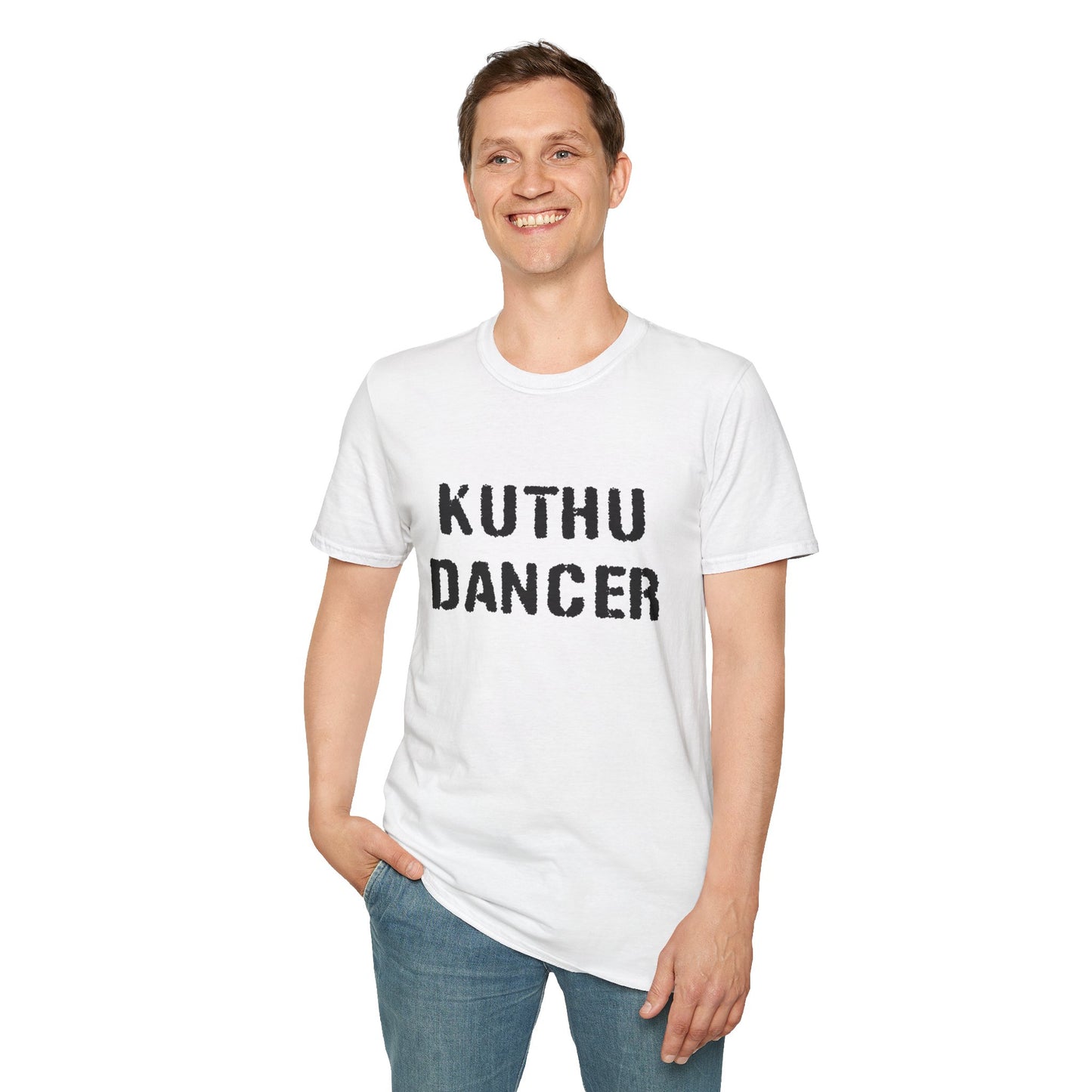 a man wearing a white shirt that says kuthu dancer